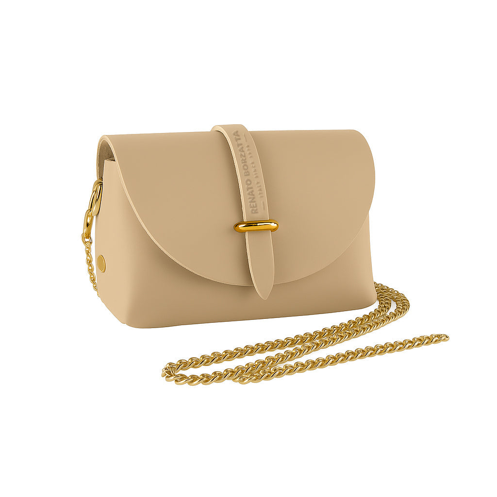 RB1001AL | Borsa Piccola in Vera Pelle Made in Italy con Tracollina removibile e passante di chiusura in metallo Oro Lucido - Colore Beige - Dimensioni: cm 16,5 x 11 x 8-0
