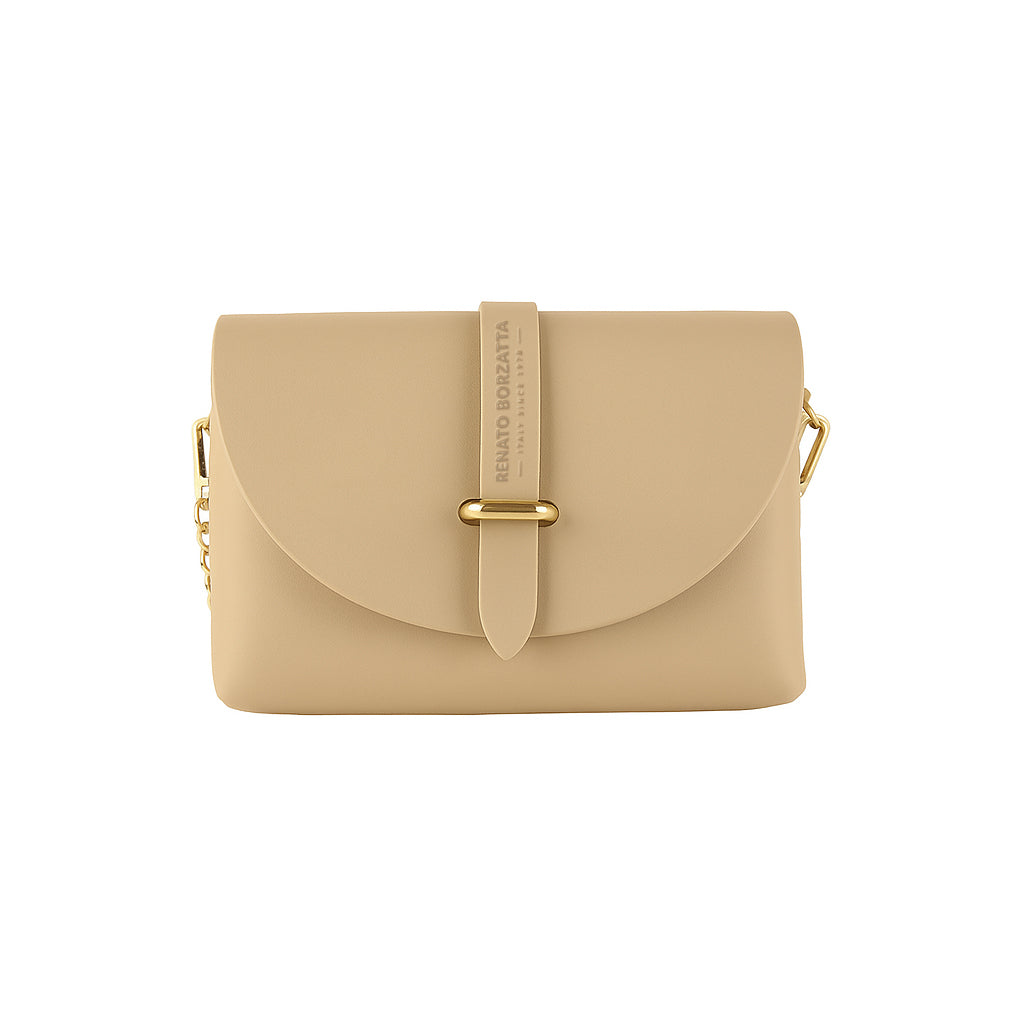 RB1001AL | Borsa Piccola in Vera Pelle Made in Italy con Tracollina removibile e passante di chiusura in metallo Oro Lucido - Colore Beige - Dimensioni: cm 16,5 x 11 x 8-3