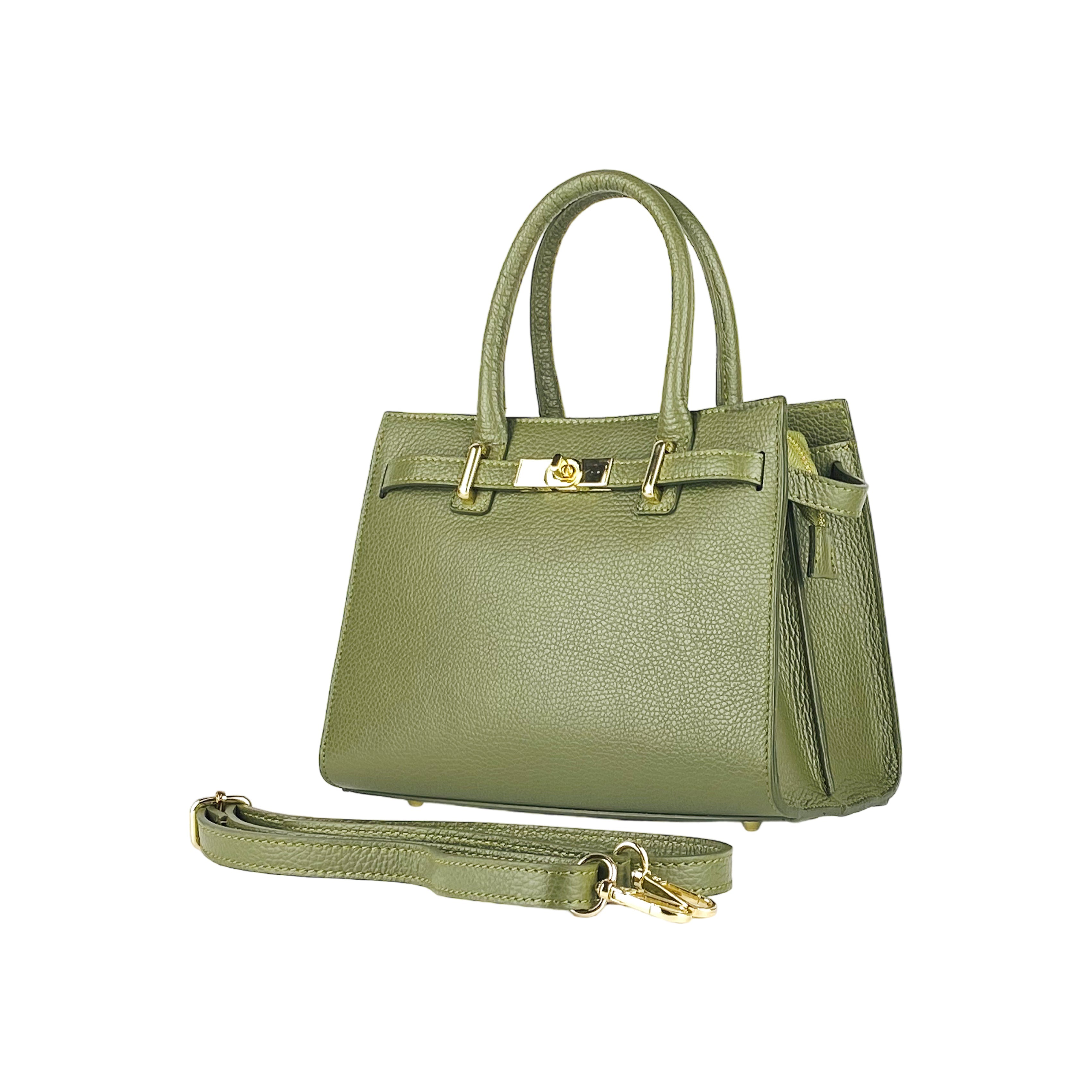 RB1016AG | Borsa Donna a Mano in Vera Pelle Made in Italy con tracolla removibile. Moschettoni in metallo Oro Lucido - Colore Verde Oliva - Dimensioni: cm 28 x 20 x 14 + 12,5-0