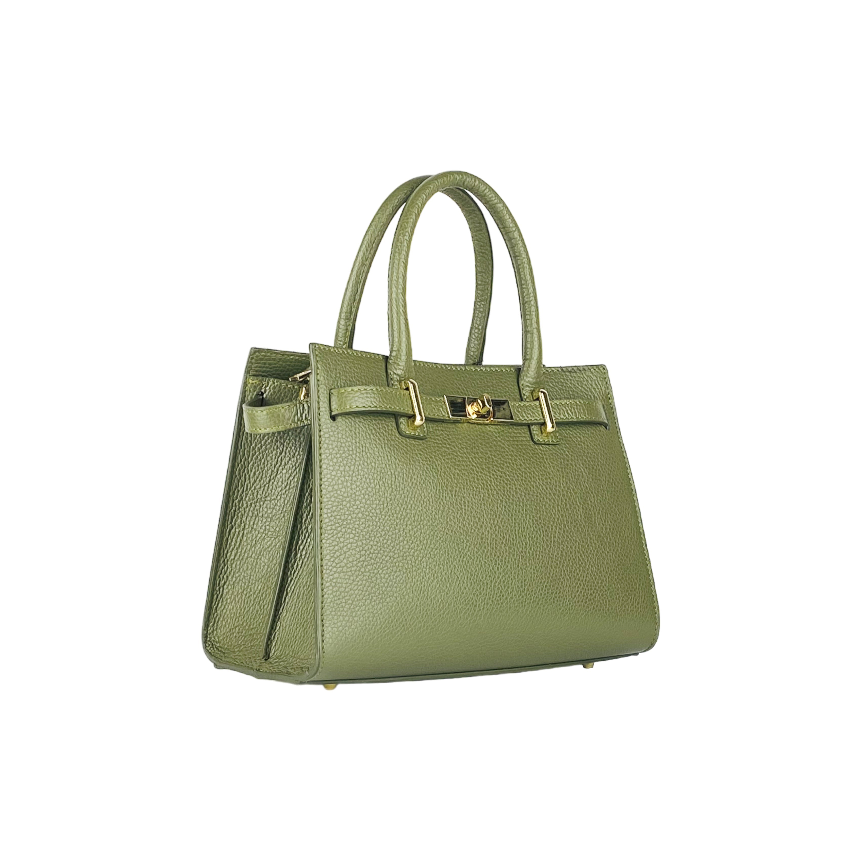 RB1016AG | Borsa Donna a Mano in Vera Pelle Made in Italy con tracolla removibile. Moschettoni in metallo Oro Lucido - Colore Verde Oliva - Dimensioni: cm 28 x 20 x 14 + 12,5-1
