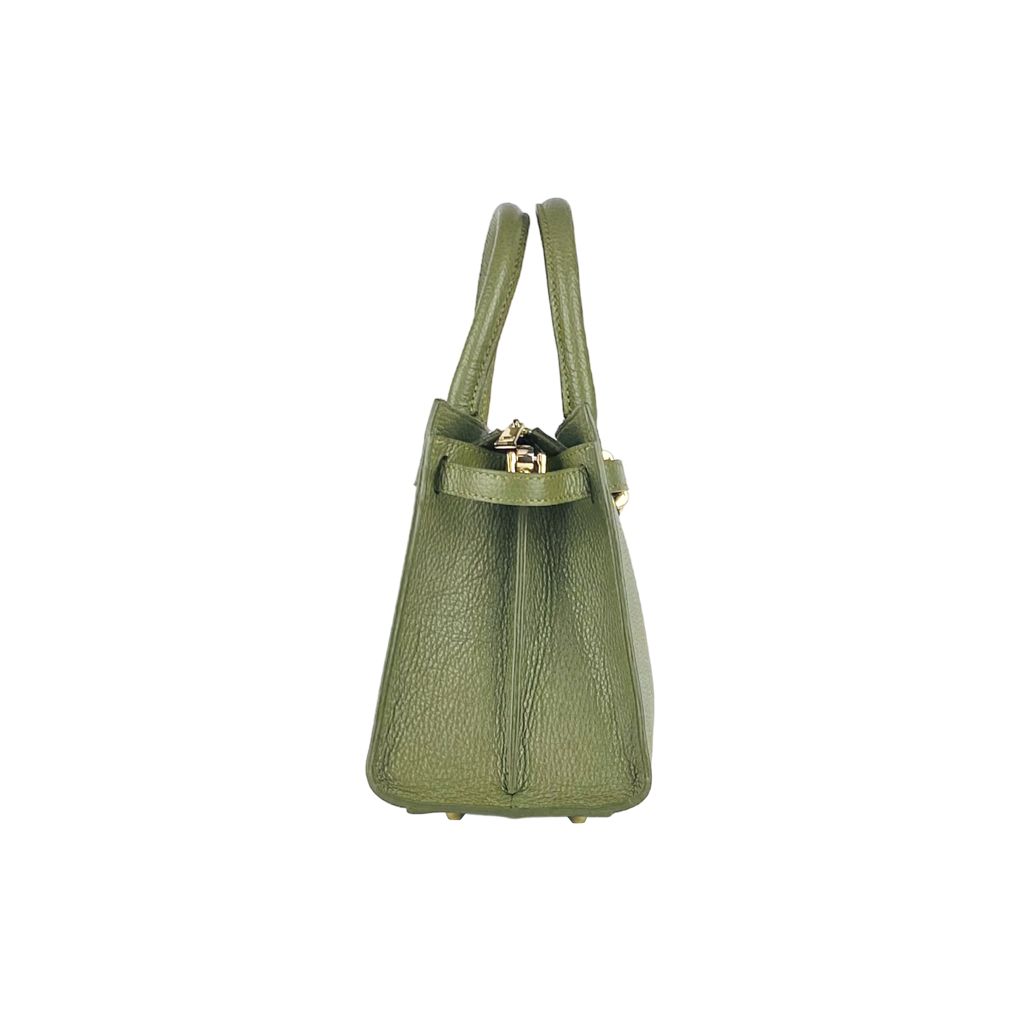 RB1016AG | Borsa Donna a Mano in Vera Pelle Made in Italy con tracolla removibile. Moschettoni in metallo Oro Lucido - Colore Verde Oliva - Dimensioni: cm 28 x 20 x 14 + 12,5-4