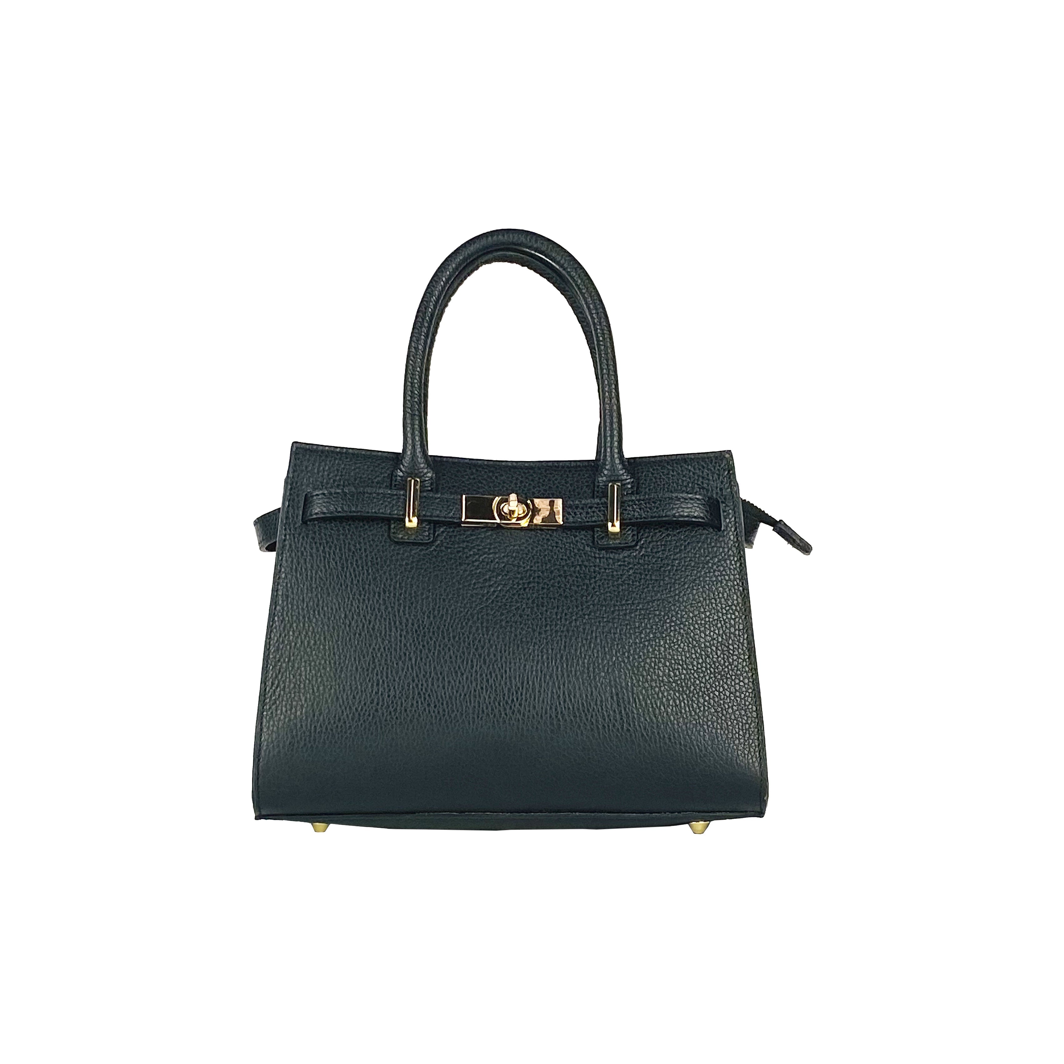 RB1016A | Borsa Donna a Mano in Vera Pelle Made in Italy con tracolla removibile. Attacchi con moschettoni in metallo Oro Lucido - Colore Nero - Dimensioni: cm 28 x 20 x 14 + 12,5-2