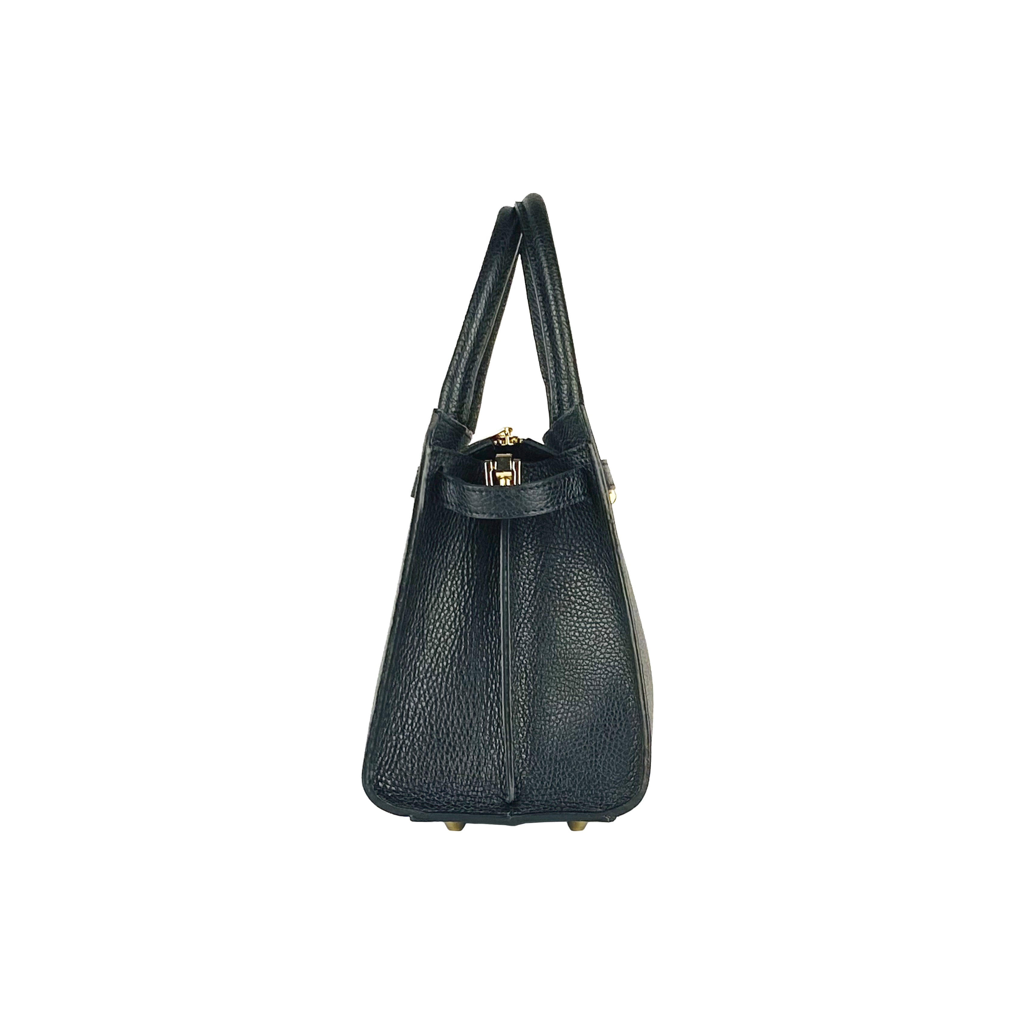 RB1016A | Borsa Donna a Mano in Vera Pelle Made in Italy con tracolla removibile. Attacchi con moschettoni in metallo Oro Lucido - Colore Nero - Dimensioni: cm 28 x 20 x 14 + 12,5-4