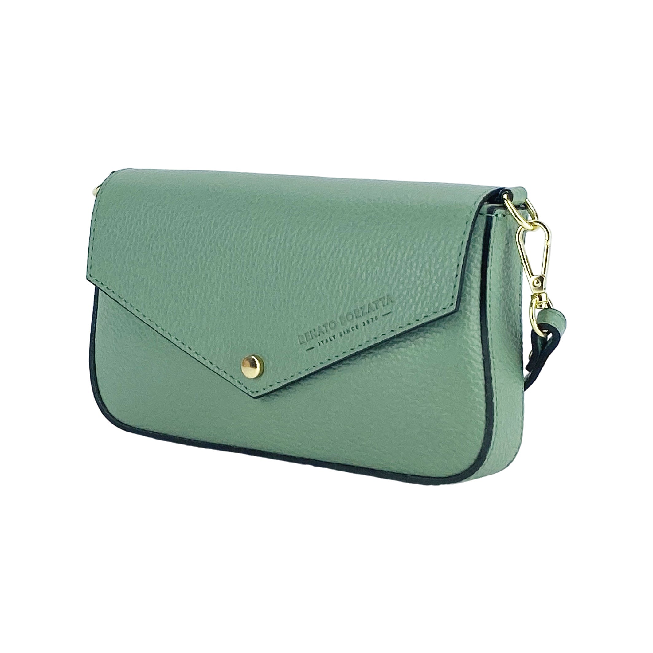 RB1023BF | Borsa piccola a Spalla con Tracolla a catena removibile in Vera Pelle Made in Italy. Pattina di Chiusura. Accessori in metallo Oro Lucido - Colore Menta - Dimensioni: cm 22 x 12 x 3-0