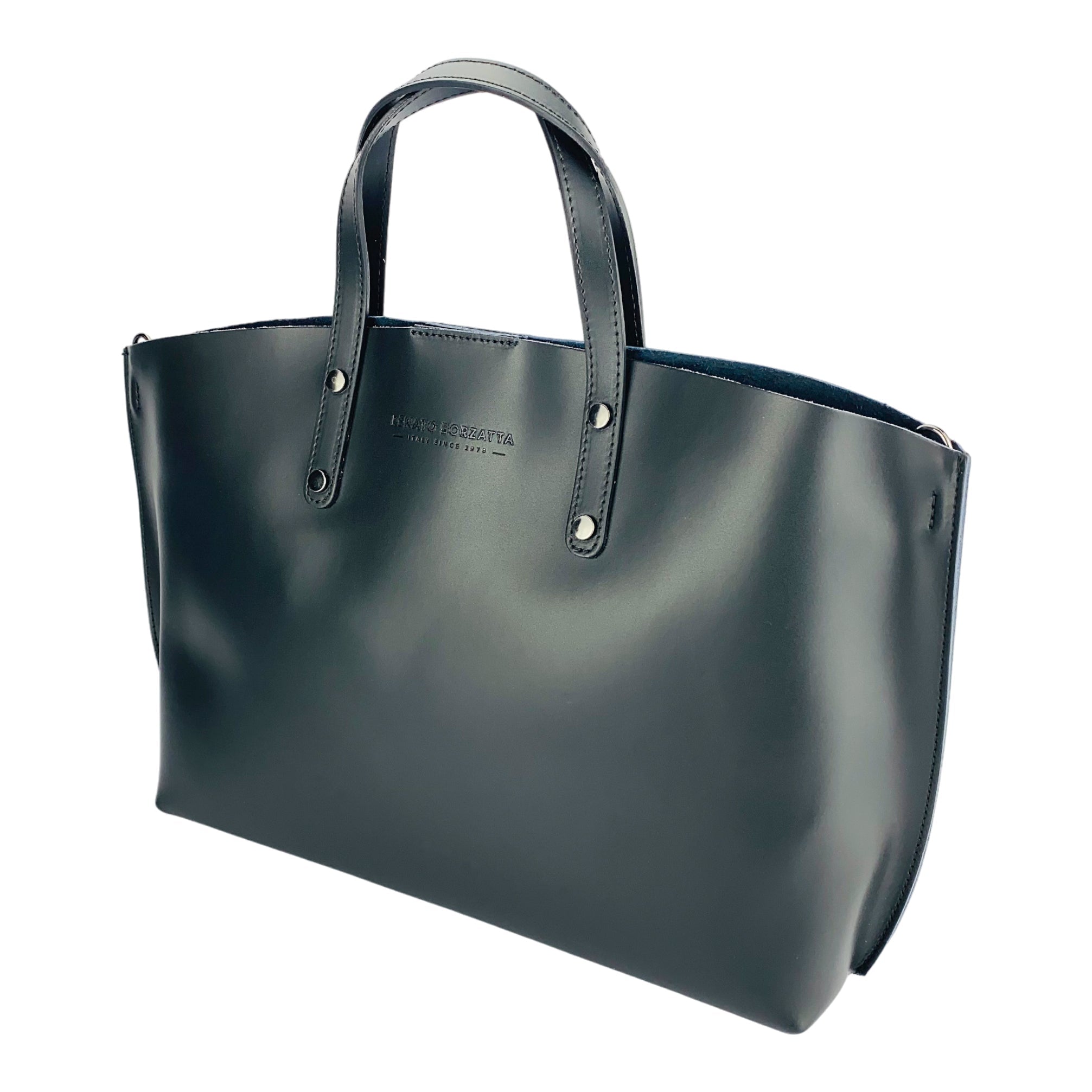 RB1024A | Borsa Donna a Mano in Vera Pelle Made in Italy con tracolla removibile. Sacca grande interna estraibile. Accessori Canna di Fucile Lucido - Colore Nero - Dimensioni: cm 48x31x11-2