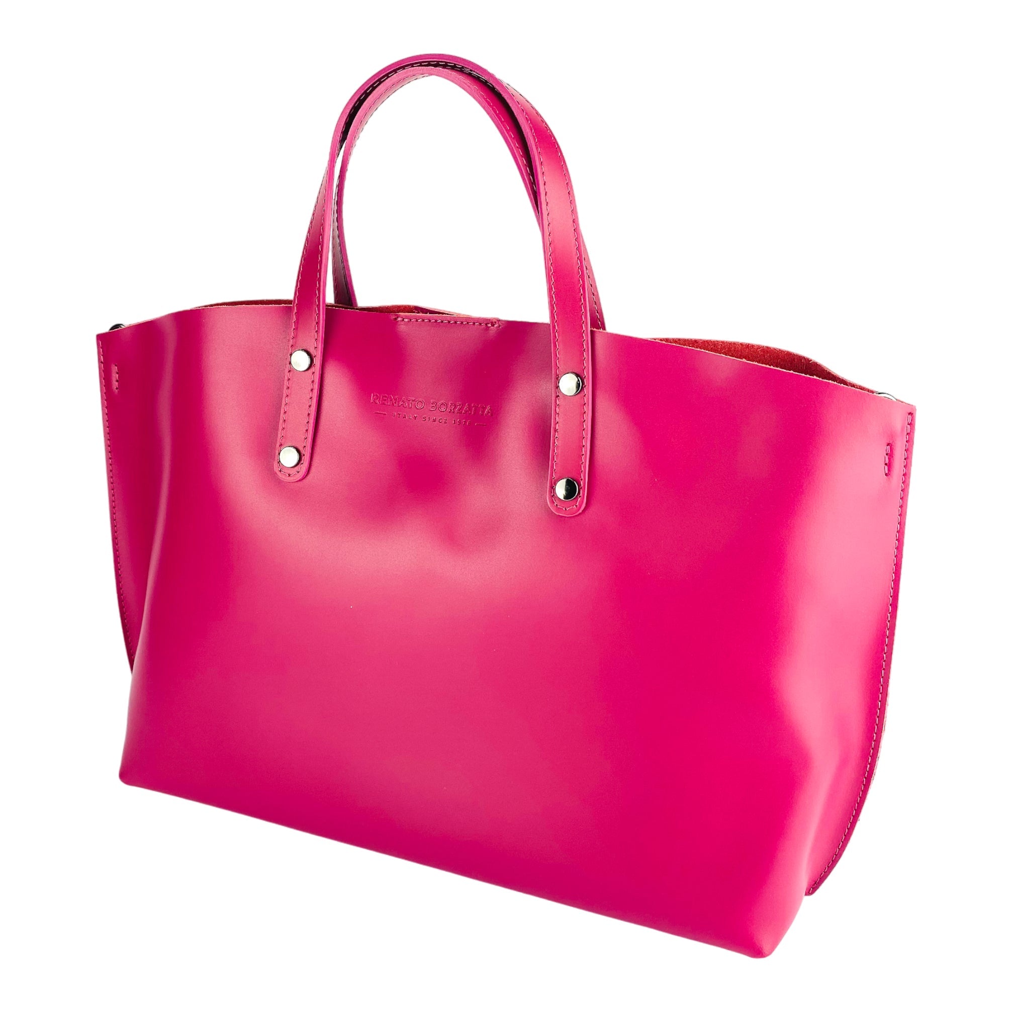 RB1024BE | Borsa Donna a Mano in Vera Pelle Made in Italy con tracolla removibile. Sacca grande interna estraibile. Accessori Canna di Fucile Lucido - Colore Fuxia - Dimensioni: cm 48x31x11-2