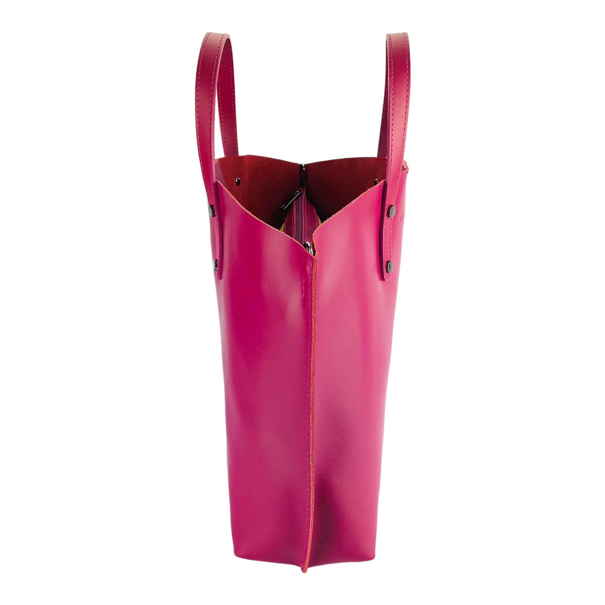 RB1024BE | Borsa Donna a Mano in Vera Pelle Made in Italy con tracolla removibile. Sacca grande interna estraibile. Accessori Canna di Fucile Lucido - Colore Fuxia - Dimensioni: cm 48x31x11-3