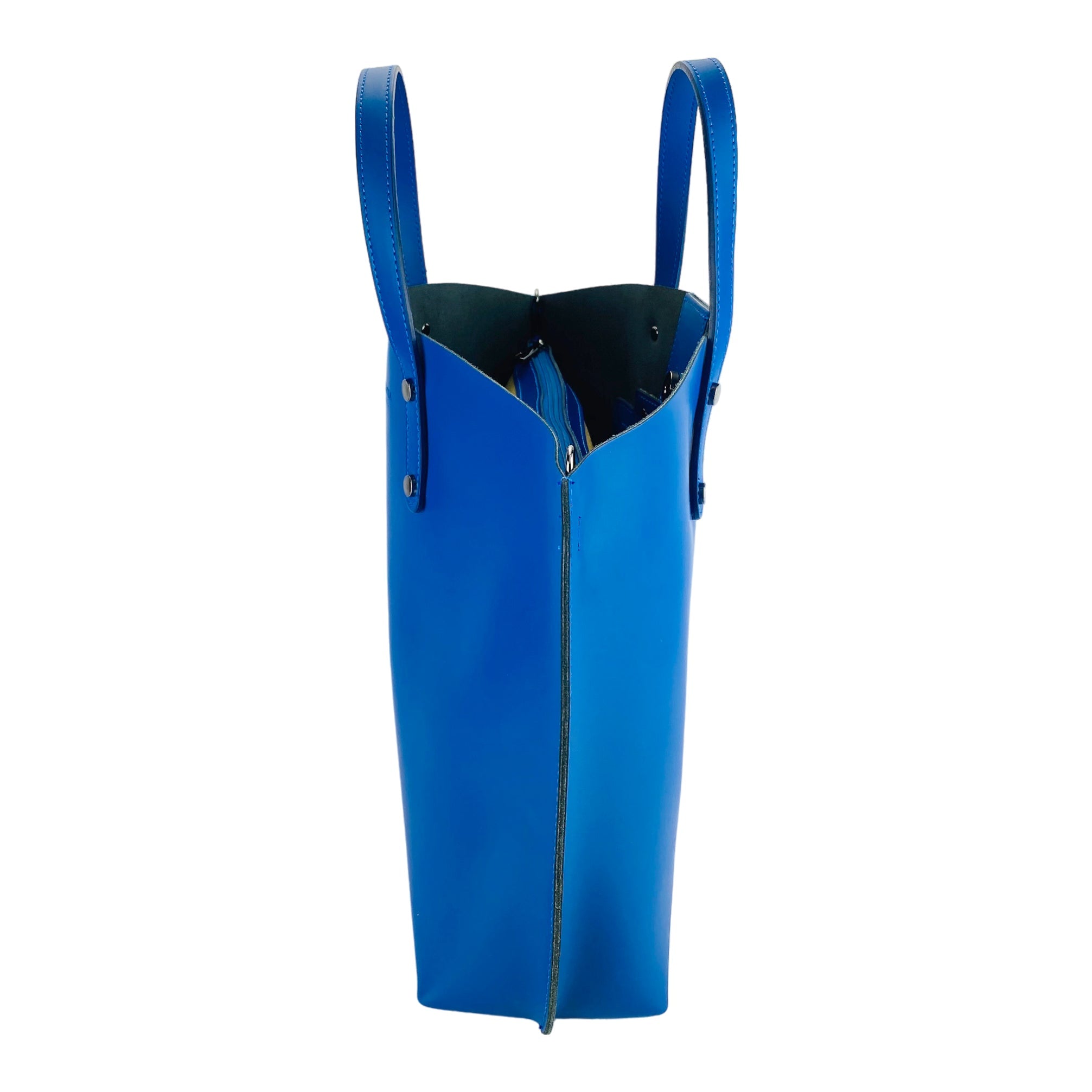 RB1024CH | Borsa Donna a Mano in Vera Pelle Made in Italy con tracolla removibile. Sacca grande interna estraibile. Accessori Canna di Fucile Lucido - Colore Blu Royal - Dimensioni: cm 48x31x11-3