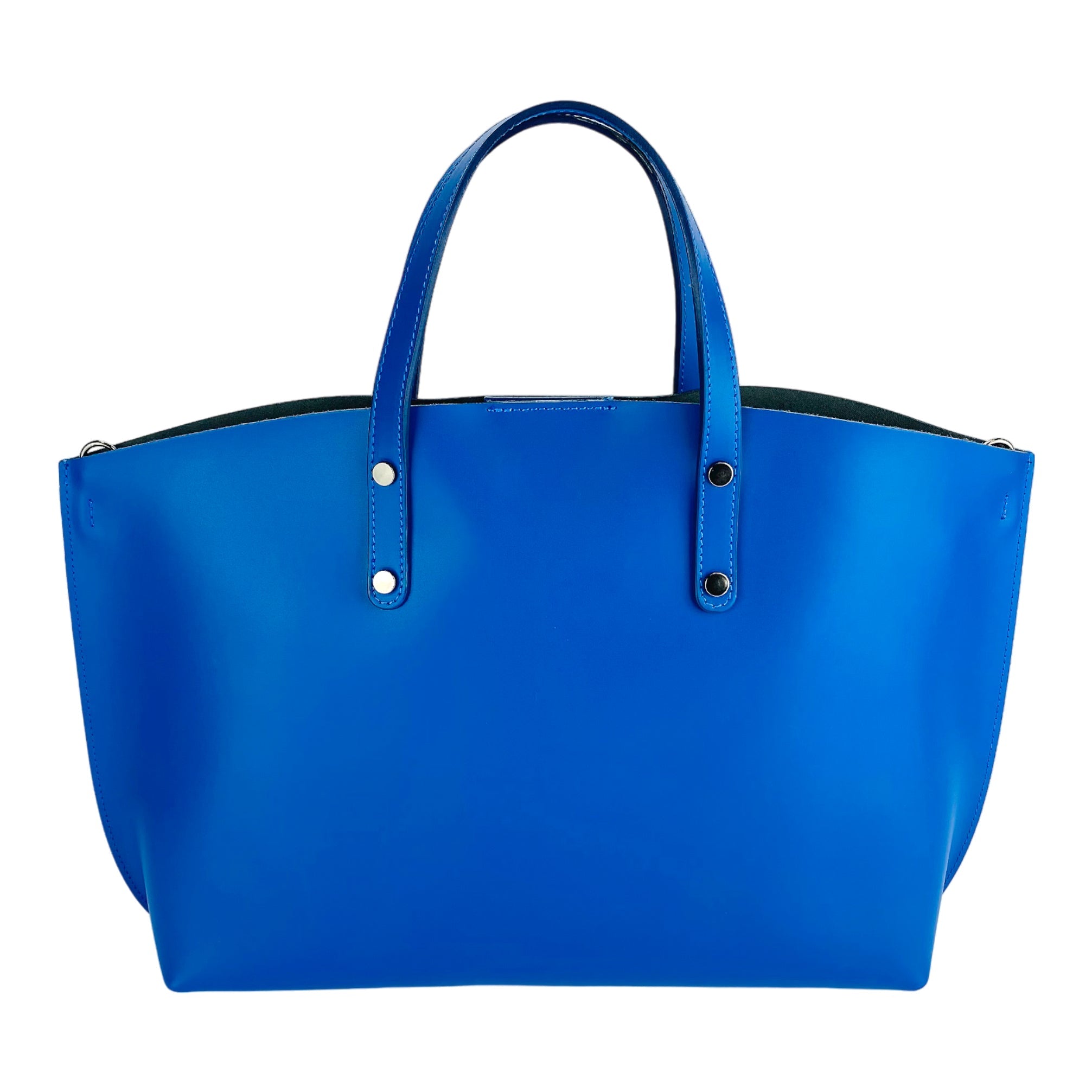 RB1024CH | Borsa Donna a Mano in Vera Pelle Made in Italy con tracolla removibile. Sacca grande interna estraibile. Accessori Canna di Fucile Lucido - Colore Blu Royal - Dimensioni: cm 48x31x11-4