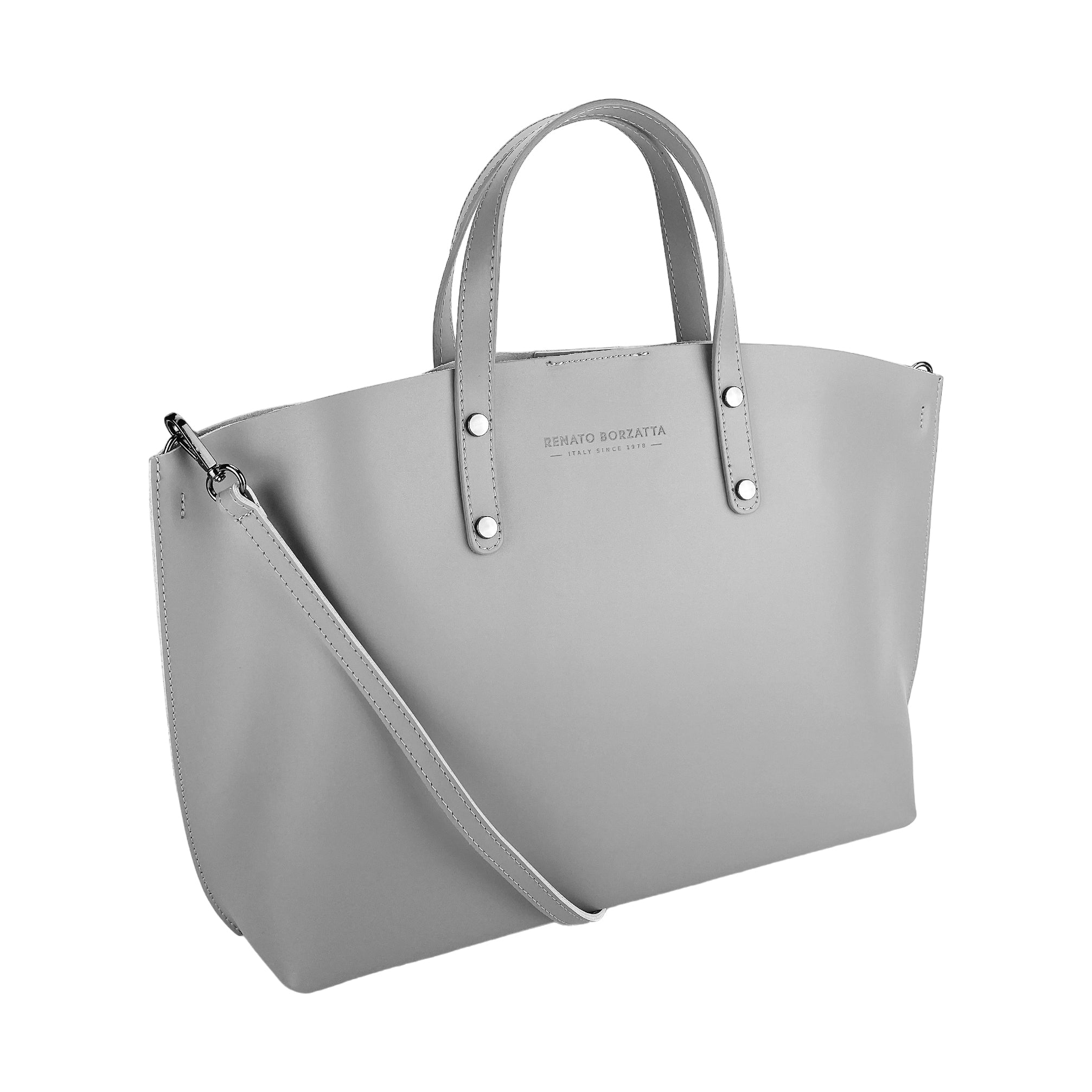 RB1024F | Borsa Donna a Mano in Vera Pelle Made in Italy con tracolla removibile. Sacca grande interna estraibile. Accessori Canna di Fucile Lucido - Colore Grigio - Dimensioni: cm 48x31x11-0