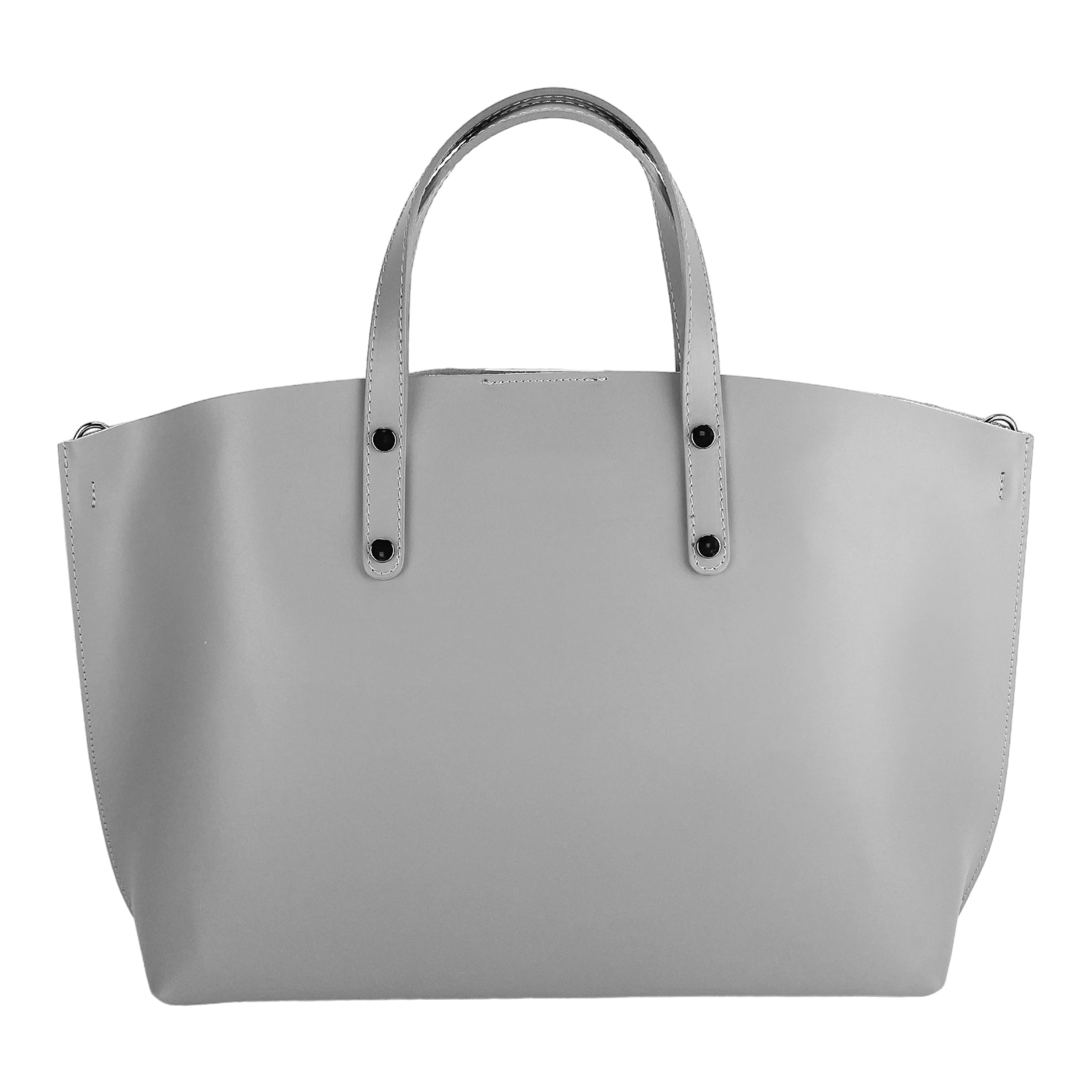 RB1024F | Borsa Donna a Mano in Vera Pelle Made in Italy con tracolla removibile. Sacca grande interna estraibile. Accessori Canna di Fucile Lucido - Colore Grigio - Dimensioni: cm 48x31x11-4