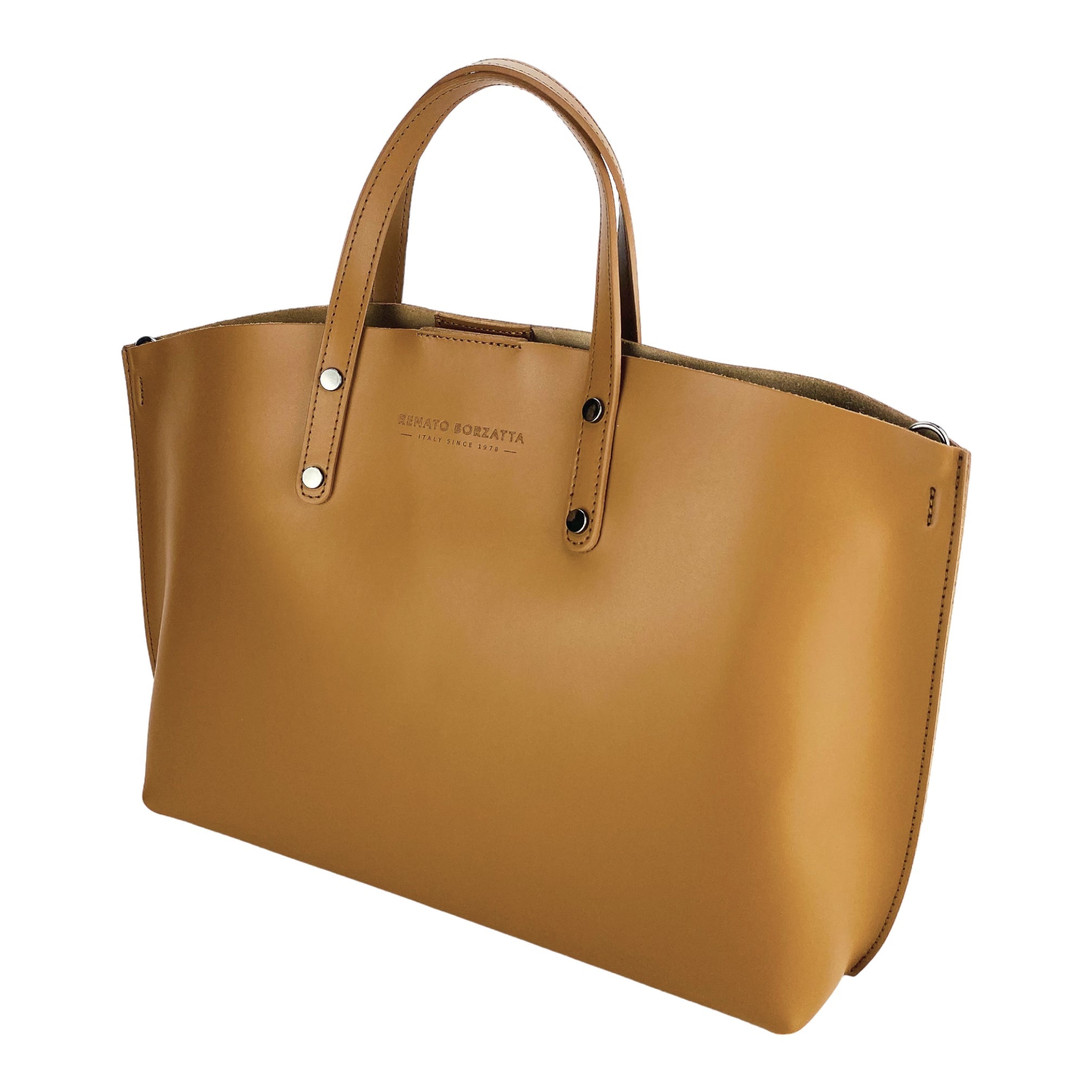 RB1024S | Borsa Donna a Mano in Vera Pelle Made in Italy con tracolla removibile. Sacca grande interna estraibile. Accessori Canna di Fucile Lucido - Colore Cognac - Dimensioni: cm 48x31x11-2