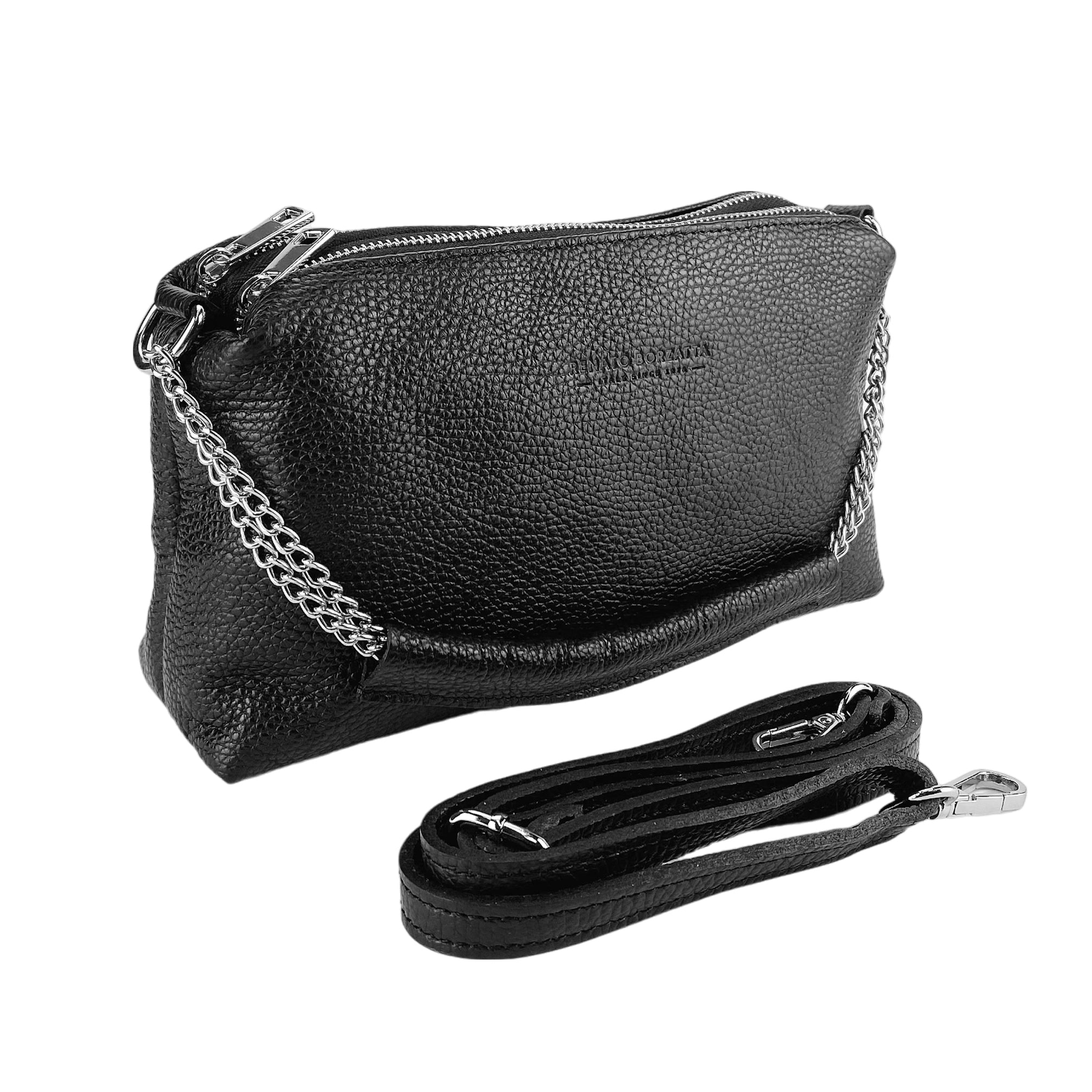 RB1025A | Borsa Donna a Mano con doppia lampo in Vera Pelle Made in Italy. Tracolla in pelle regolabile. Accessori Nickel Lucido - Colore Nero - Dimensioni: cm 26 x 14 x 9-0
