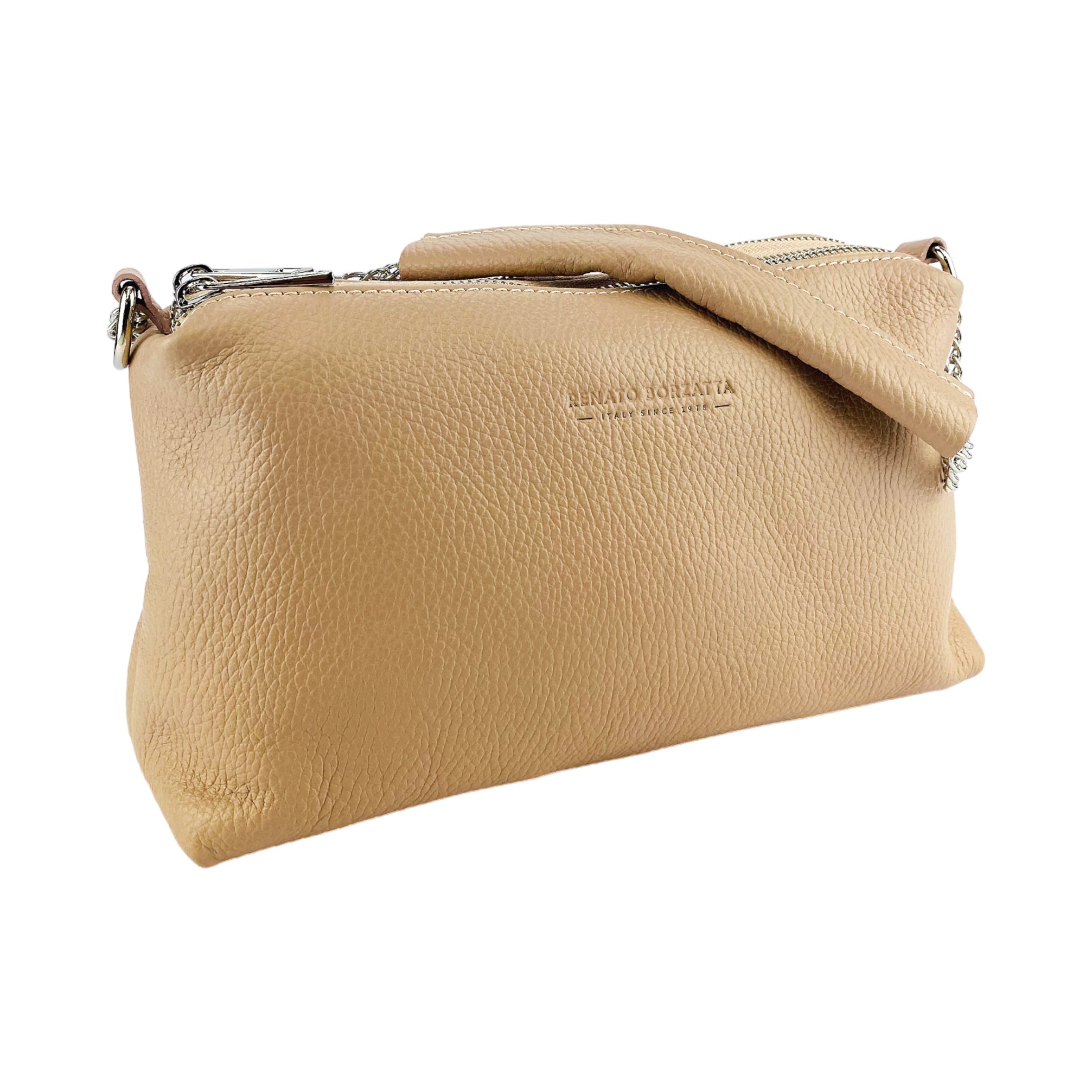RB1025AU | Borsa Donna a Mano con doppia lampo in Vera Pelle Made in Italy. Tracolla in pelle regolabile. Accessori Nickel Lucido - Colore Cipria - Dimensioni: cm 26 x 14 x 9-1