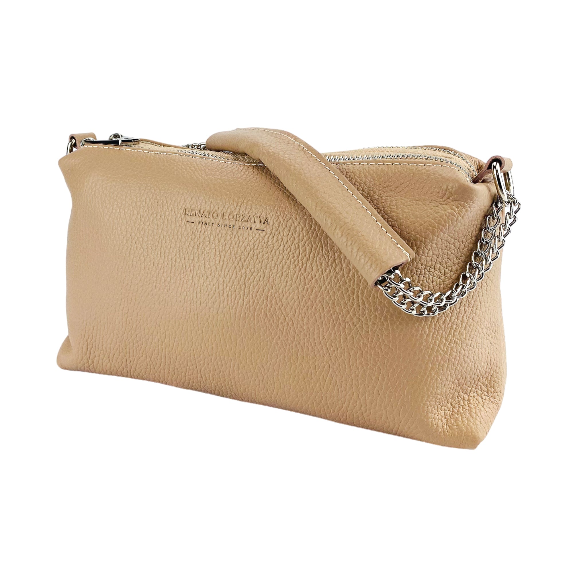 RB1025AU | Borsa Donna a Mano con doppia lampo in Vera Pelle Made in Italy. Tracolla in pelle regolabile. Accessori Nickel Lucido - Colore Cipria - Dimensioni: cm 26 x 14 x 9-2