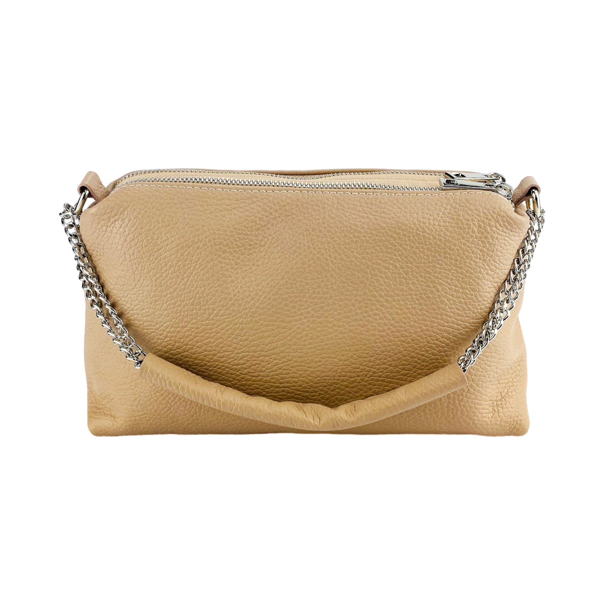 RB1025AU | Borsa Donna a Mano con doppia lampo in Vera Pelle Made in Italy. Tracolla in pelle regolabile. Accessori Nickel Lucido - Colore Cipria - Dimensioni: cm 26 x 14 x 9-4