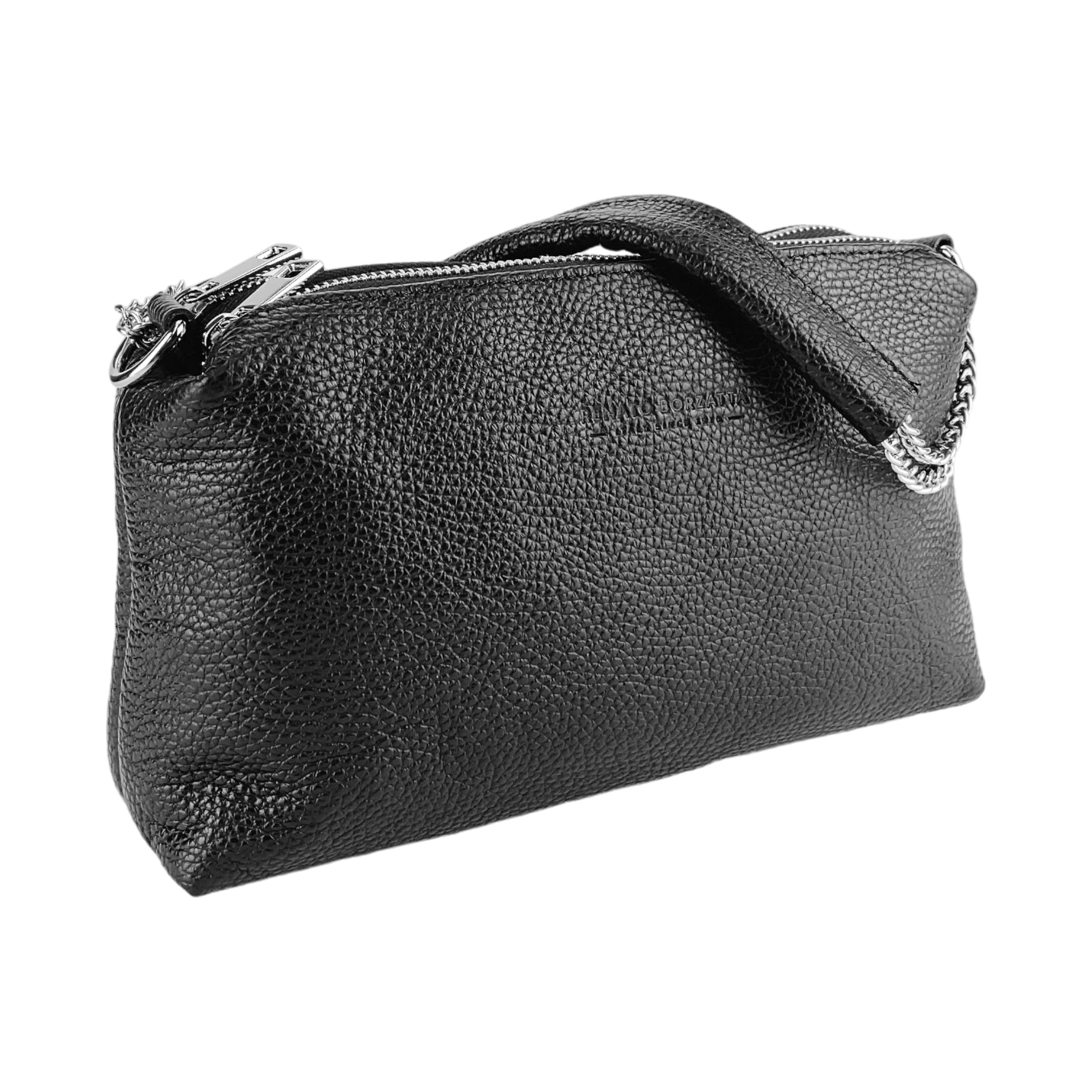 RB1025A | Borsa Donna a Mano con doppia lampo in Vera Pelle Made in Italy. Tracolla in pelle regolabile. Accessori Nickel Lucido - Colore Nero - Dimensioni: cm 26 x 14 x 9-1