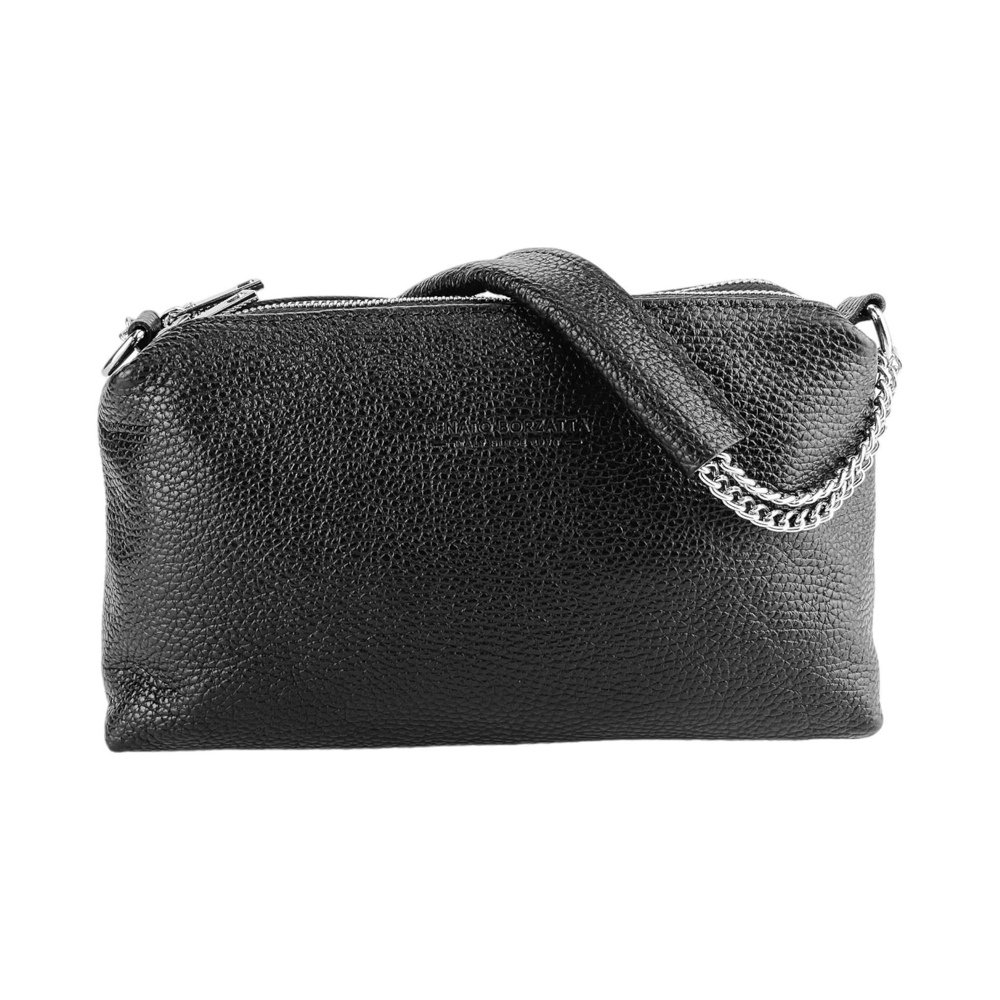 RB1025A | Borsa Donna a Mano con doppia lampo in Vera Pelle Made in Italy. Tracolla in pelle regolabile. Accessori Nickel Lucido - Colore Nero - Dimensioni: cm 26 x 14 x 9-2