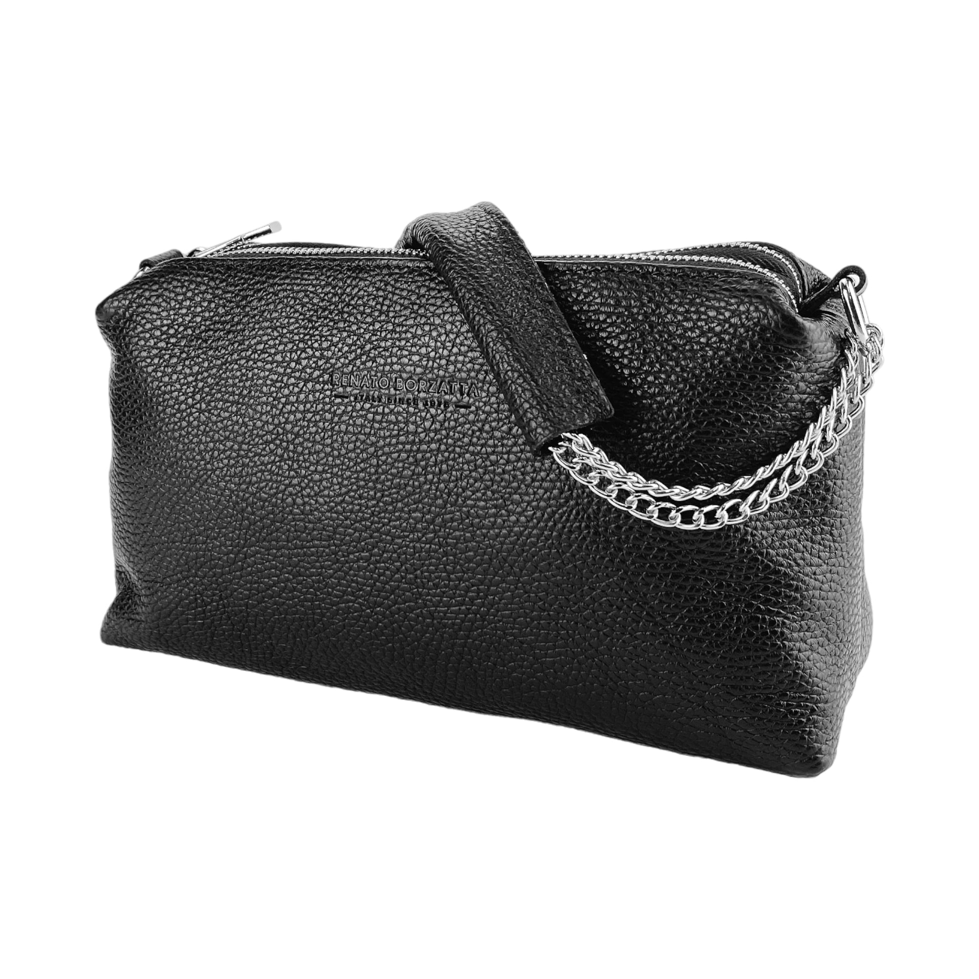 RB1025A | Borsa Donna a Mano con doppia lampo in Vera Pelle Made in Italy. Tracolla in pelle regolabile. Accessori Nickel Lucido - Colore Nero - Dimensioni: cm 26 x 14 x 9-3