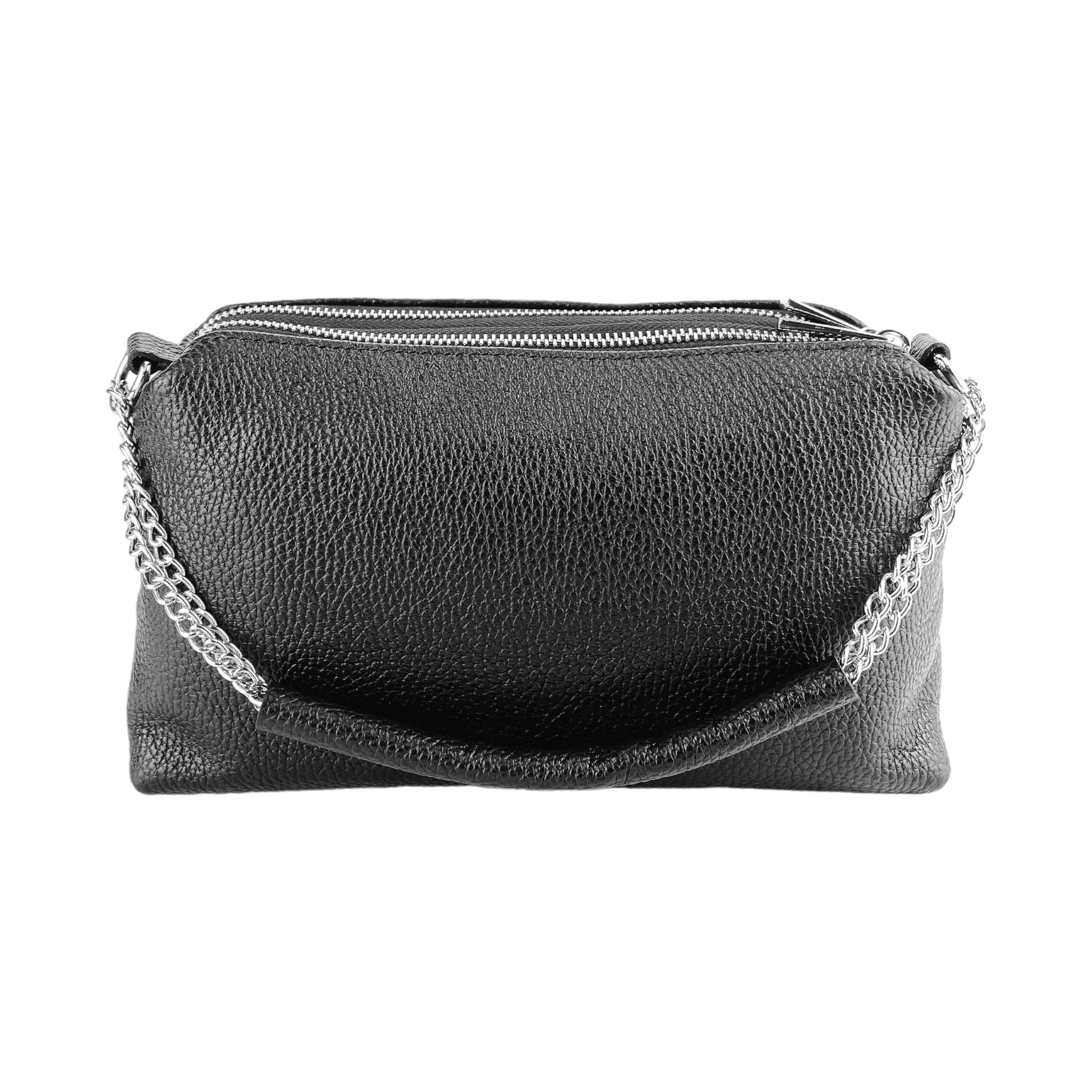 RB1025A | Borsa Donna a Mano con doppia lampo in Vera Pelle Made in Italy. Tracolla in pelle regolabile. Accessori Nickel Lucido - Colore Nero - Dimensioni: cm 26 x 14 x 9-4