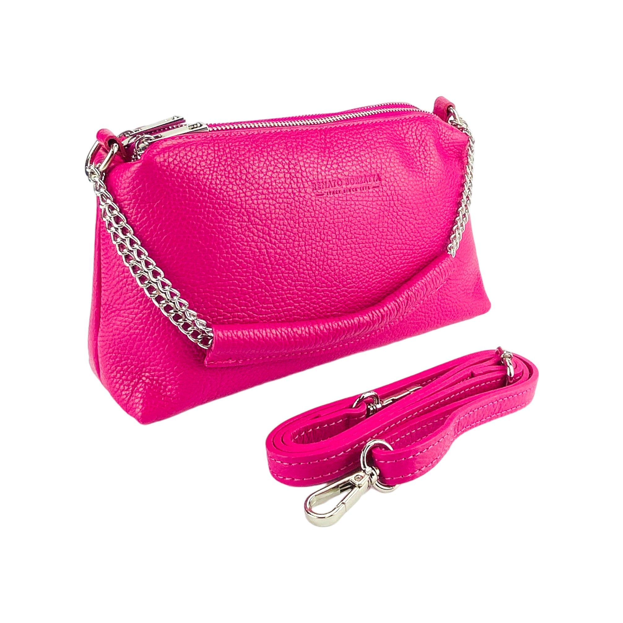 RB1025BE | Borsa Donna a Mano con doppia lampo in Vera Pelle Made in Italy. Tracolla in pelle regolabile. Accessori Nickel Lucido - Colore Fuxia - Dimensioni: cm 26 x 14 x 9-0