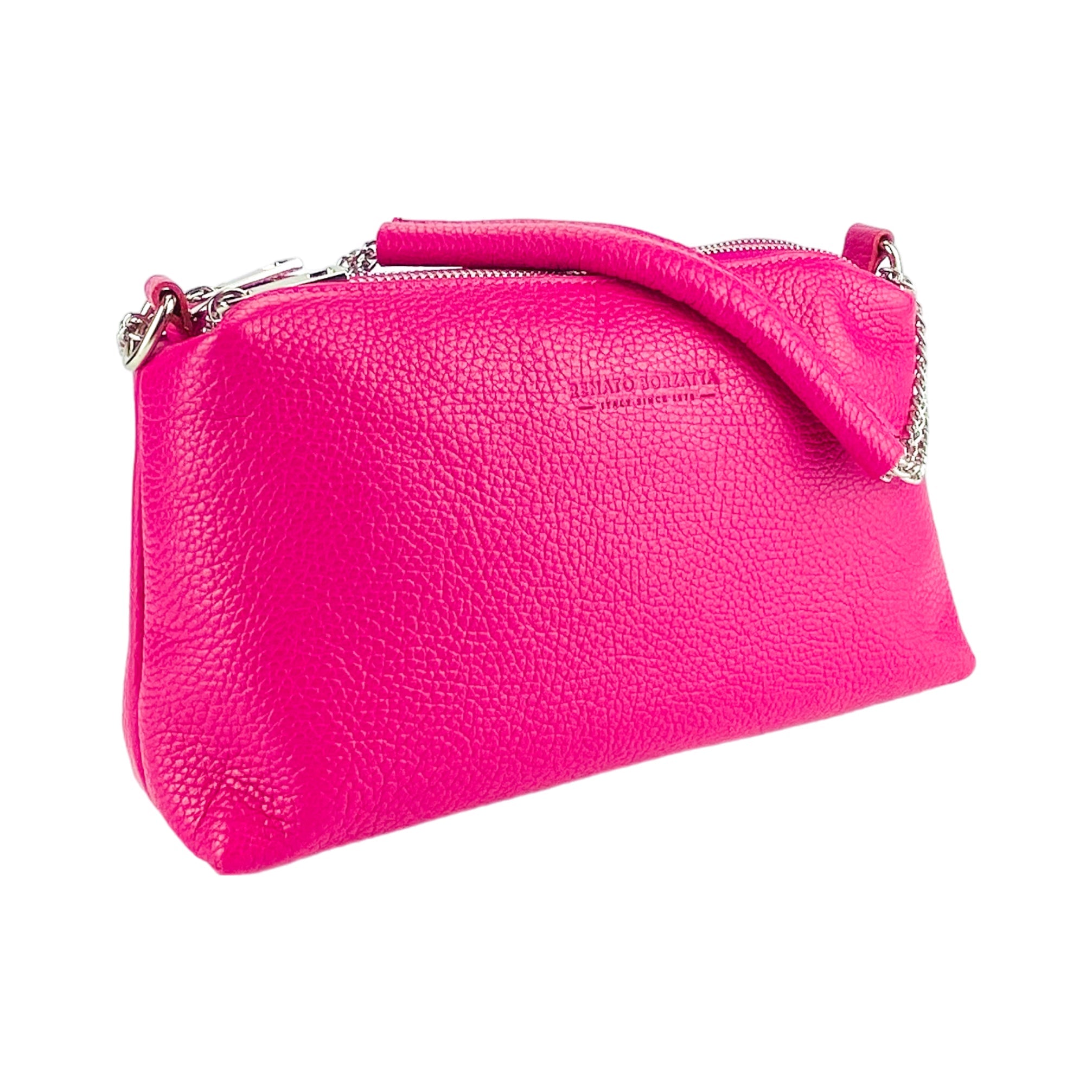 RB1025BE | Borsa Donna a Mano con doppia lampo in Vera Pelle Made in Italy. Tracolla in pelle regolabile. Accessori Nickel Lucido - Colore Fuxia - Dimensioni: cm 26 x 14 x 9-1