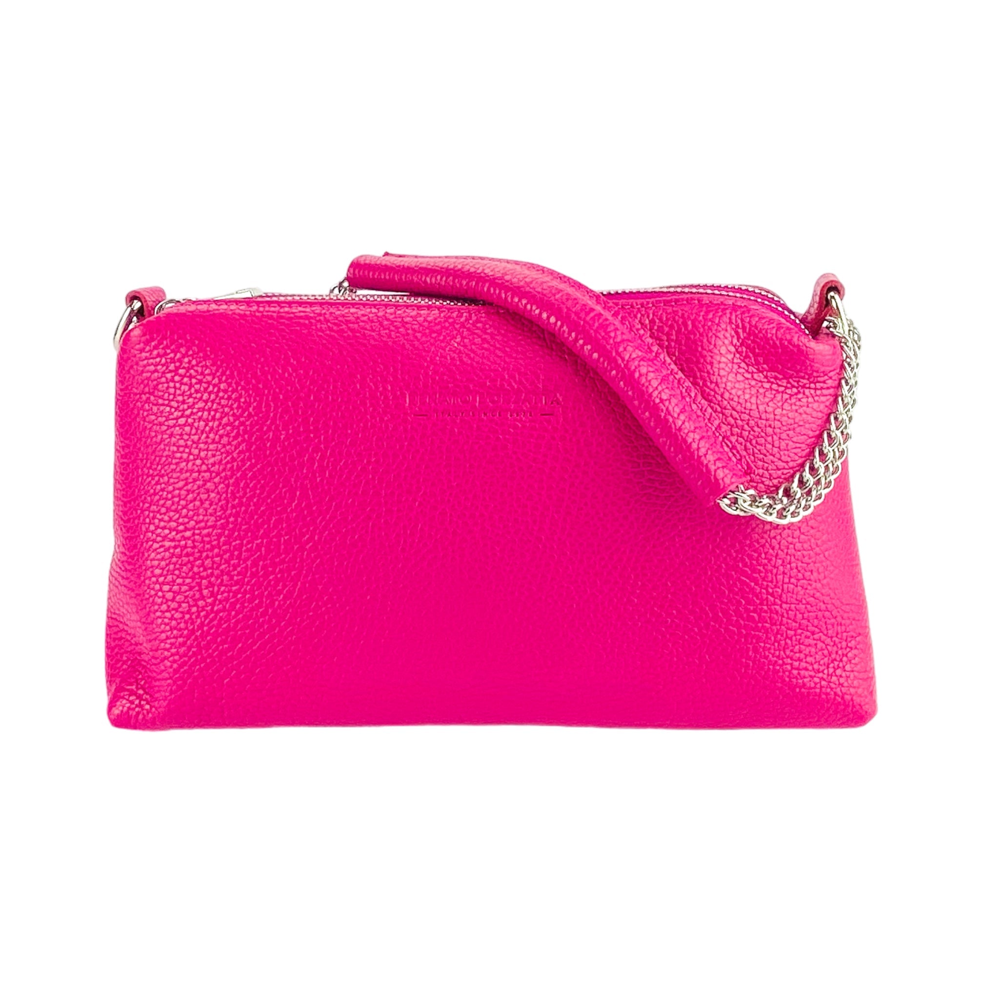 RB1025BE | Borsa Donna a Mano con doppia lampo in Vera Pelle Made in Italy. Tracolla in pelle regolabile. Accessori Nickel Lucido - Colore Fuxia - Dimensioni: cm 26 x 14 x 9-3