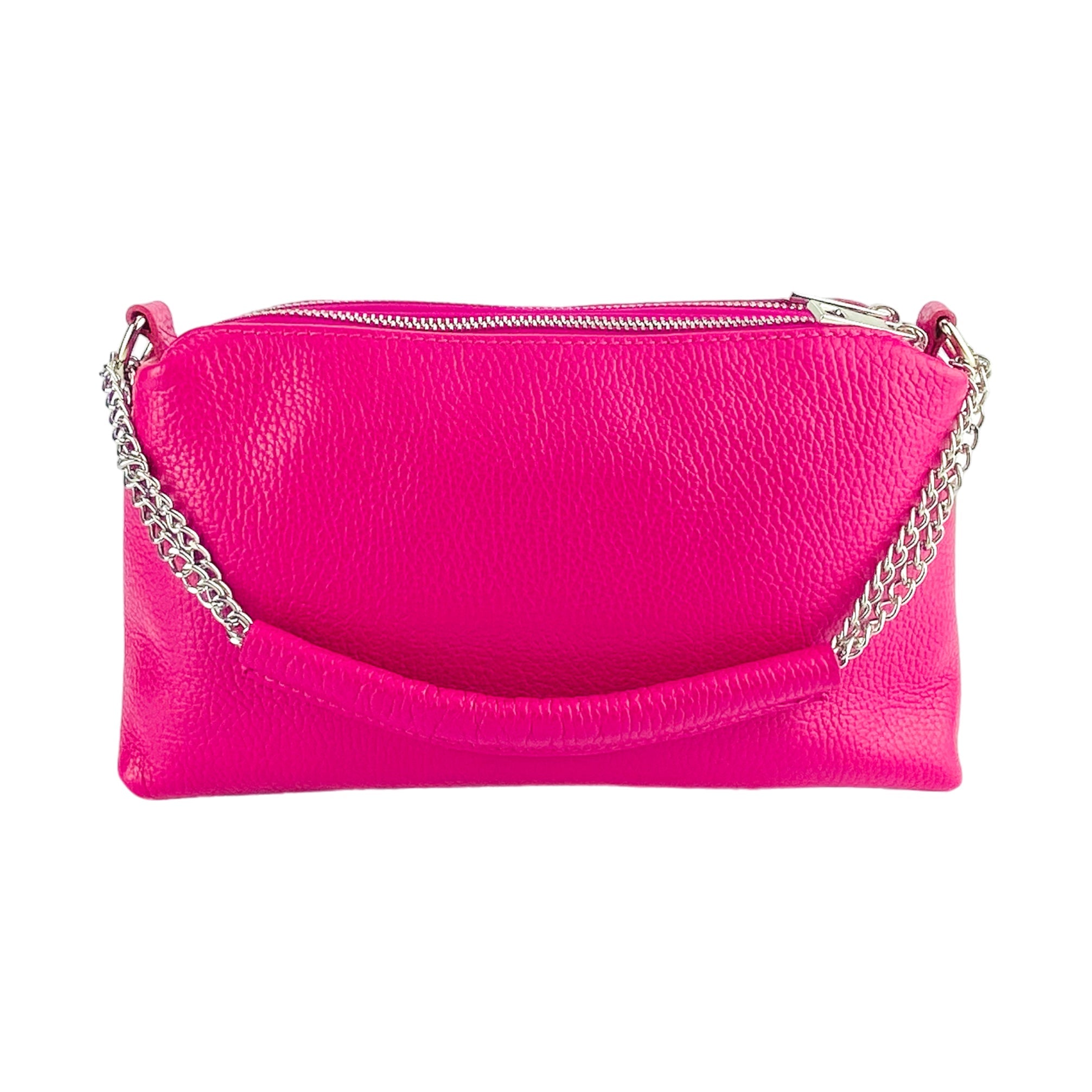 RB1025BE | Borsa Donna a Mano con doppia lampo in Vera Pelle Made in Italy. Tracolla in pelle regolabile. Accessori Nickel Lucido - Colore Fuxia - Dimensioni: cm 26 x 14 x 9-4