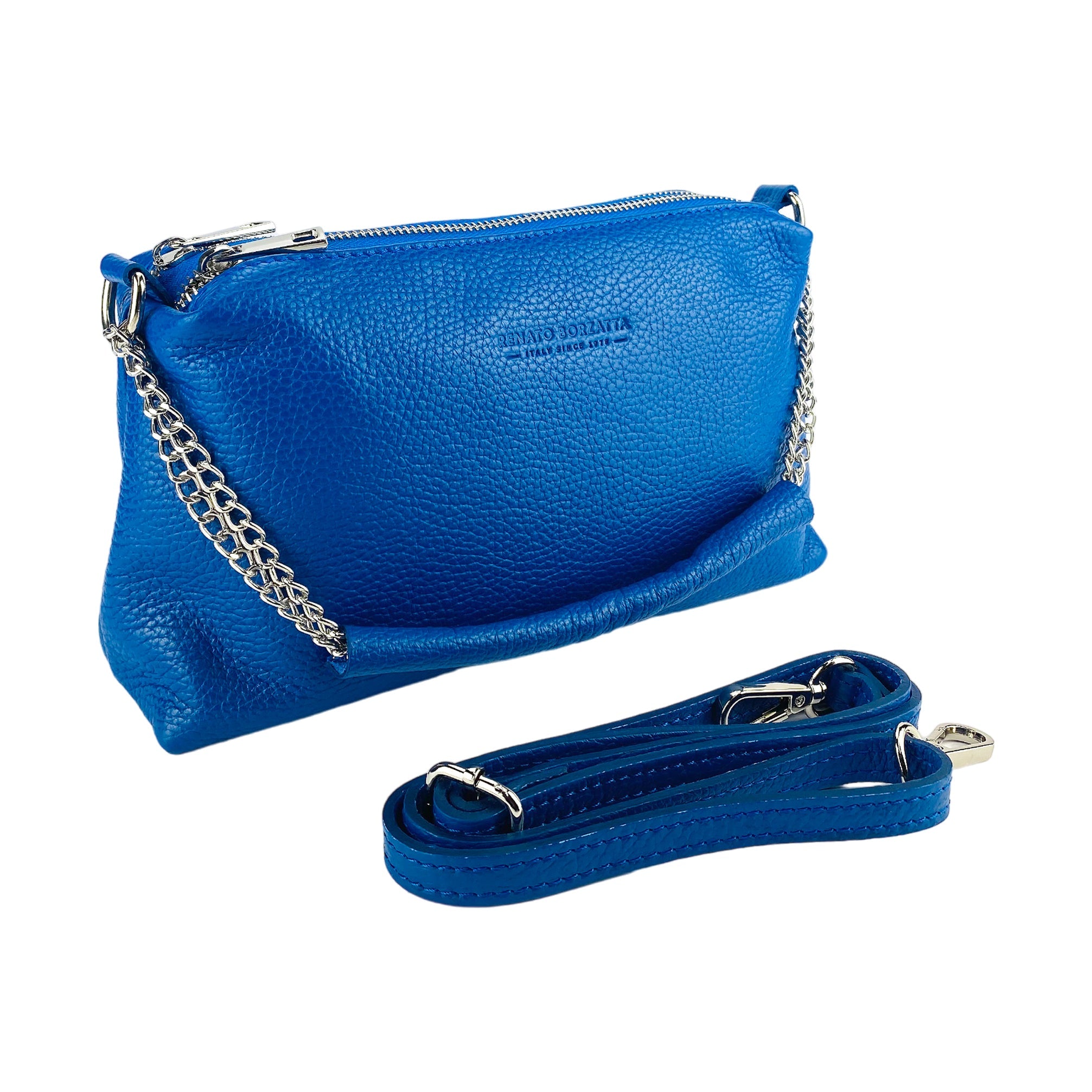 RB1025CH | Borsa Donna a Mano con doppia lampo in Vera Pelle Made in Italy. Tracolla in pelle regolabile. Accessori Nickel Lucido - Colore Blu Royal - Dimensioni: cm 26 x 14 x 9-0