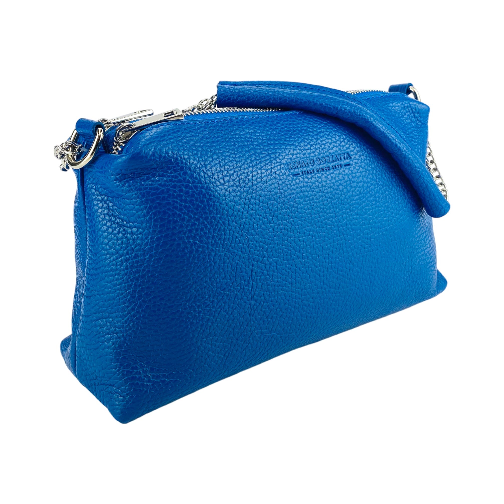 RB1025CH | Borsa Donna a Mano con doppia lampo in Vera Pelle Made in Italy. Tracolla in pelle regolabile. Accessori Nickel Lucido - Colore Blu Royal - Dimensioni: cm 26 x 14 x 9-1