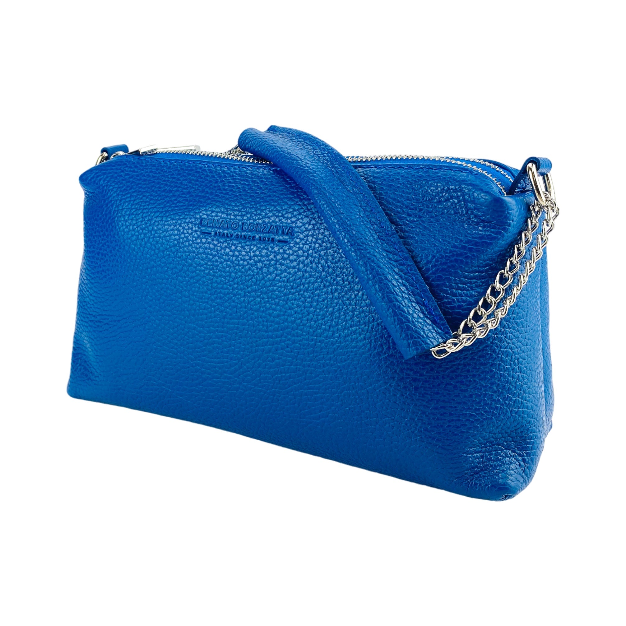 RB1025CH | Borsa Donna a Mano con doppia lampo in Vera Pelle Made in Italy. Tracolla in pelle regolabile. Accessori Nickel Lucido - Colore Blu Royal - Dimensioni: cm 26 x 14 x 9-2