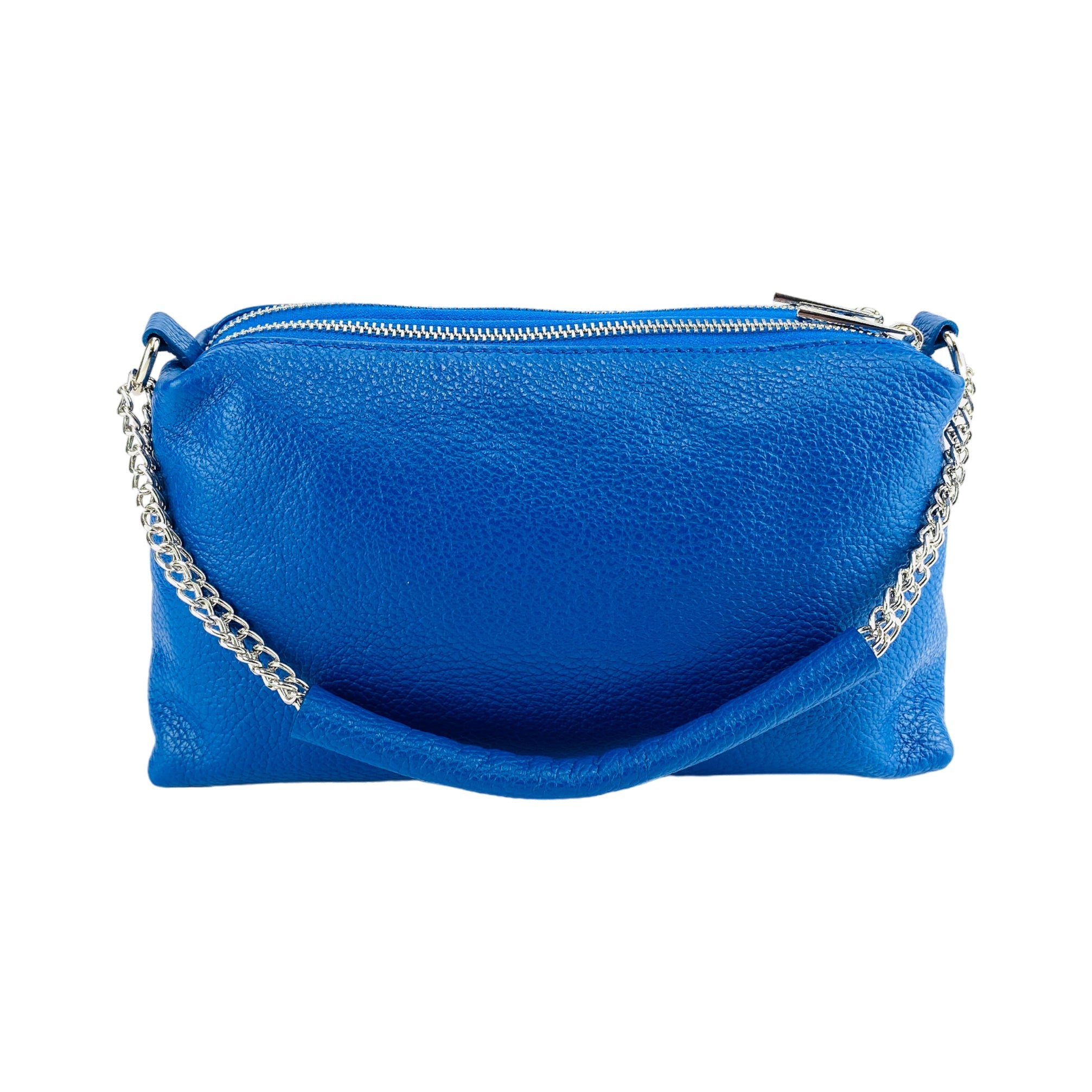 RB1025CH | Borsa Donna a Mano con doppia lampo in Vera Pelle Made in Italy. Tracolla in pelle regolabile. Accessori Nickel Lucido - Colore Blu Royal - Dimensioni: cm 26 x 14 x 9-4