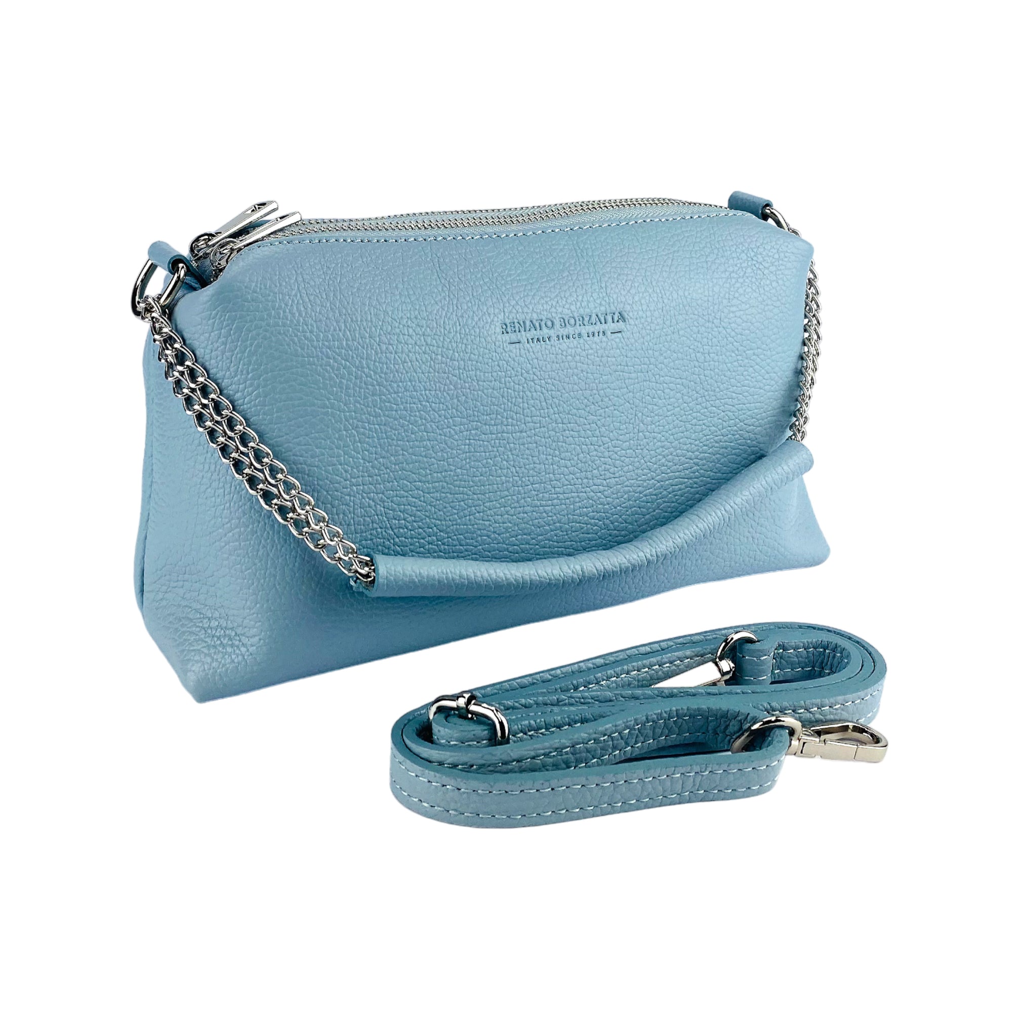 RB1025CL | Borsa Donna a Mano con doppia lampo in Vera Pelle Made in Italy. Tracolla in pelle regolabile. Accessori Nickel Lucido - Colore Celeste - Dimensioni: cm 26 x 14 x 9-0