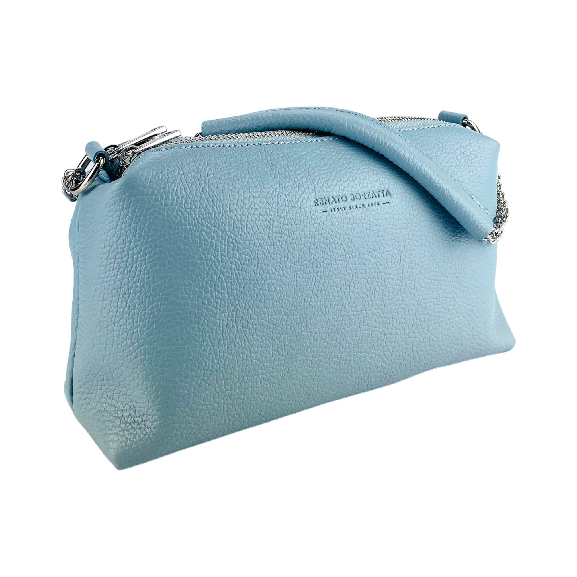 RB1025CL | Borsa Donna a Mano con doppia lampo in Vera Pelle Made in Italy. Tracolla in pelle regolabile. Accessori Nickel Lucido - Colore Celeste - Dimensioni: cm 26 x 14 x 9-1