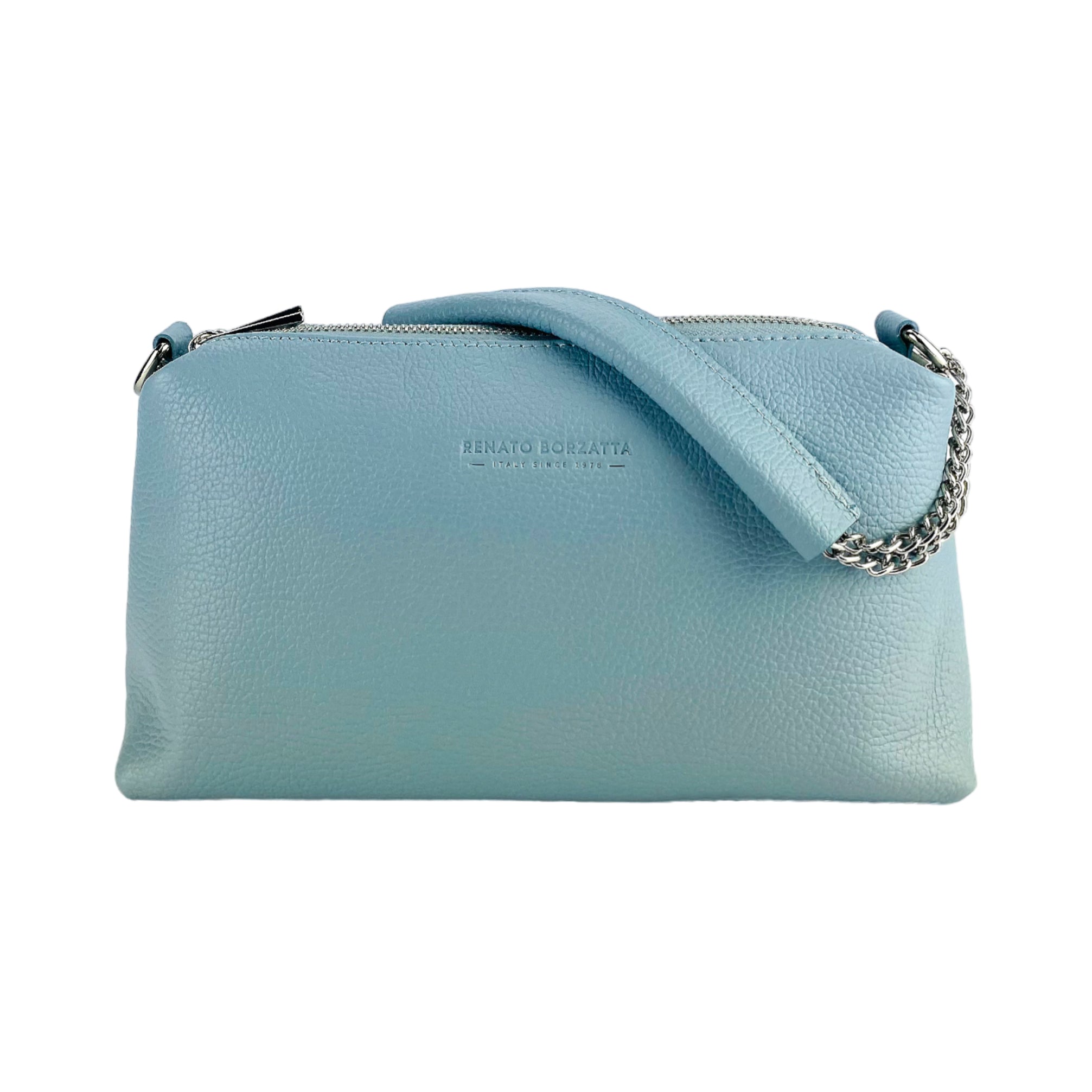 RB1025CL | Borsa Donna a Mano con doppia lampo in Vera Pelle Made in Italy. Tracolla in pelle regolabile. Accessori Nickel Lucido - Colore Celeste - Dimensioni: cm 26 x 14 x 9-3