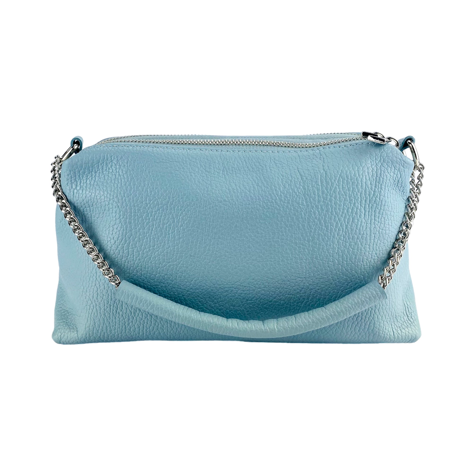 RB1025CL | Borsa Donna a Mano con doppia lampo in Vera Pelle Made in Italy. Tracolla in pelle regolabile. Accessori Nickel Lucido - Colore Celeste - Dimensioni: cm 26 x 14 x 9-4