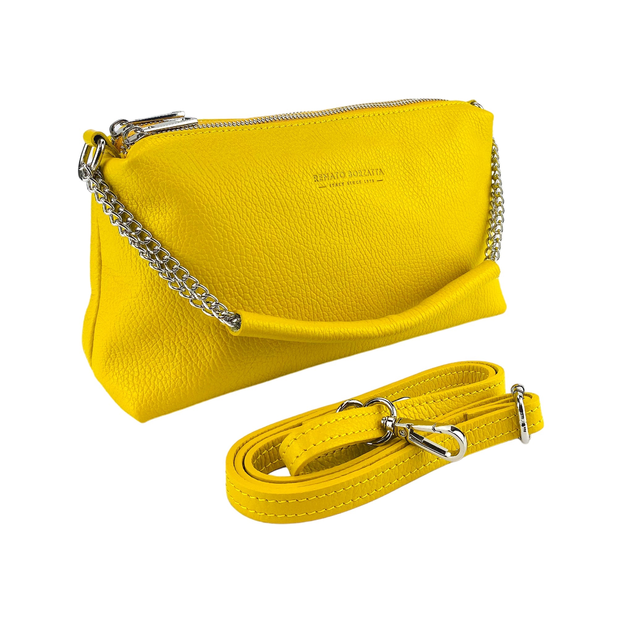 RB1025R | Borsa Donna a Mano con doppia lampo in Vera Pelle Made in Italy. Tracolla in pelle regolabile. Accessori Nickel Lucido - Colore Giallo - Dimensioni: cm 26 x 14 x 9-0