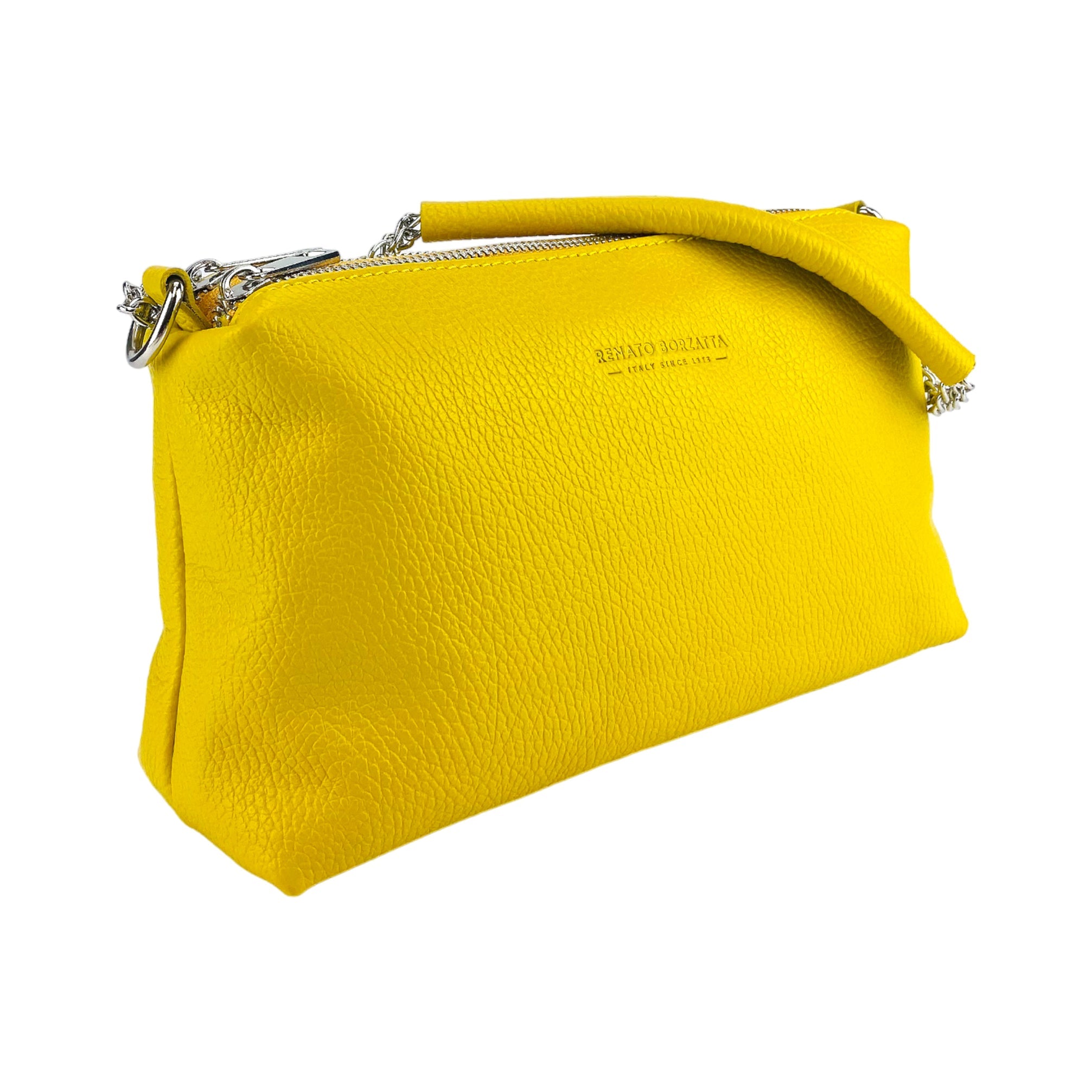 RB1025R | Borsa Donna a Mano con doppia lampo in Vera Pelle Made in Italy. Tracolla in pelle regolabile. Accessori Nickel Lucido - Colore Giallo - Dimensioni: cm 26 x 14 x 9-1