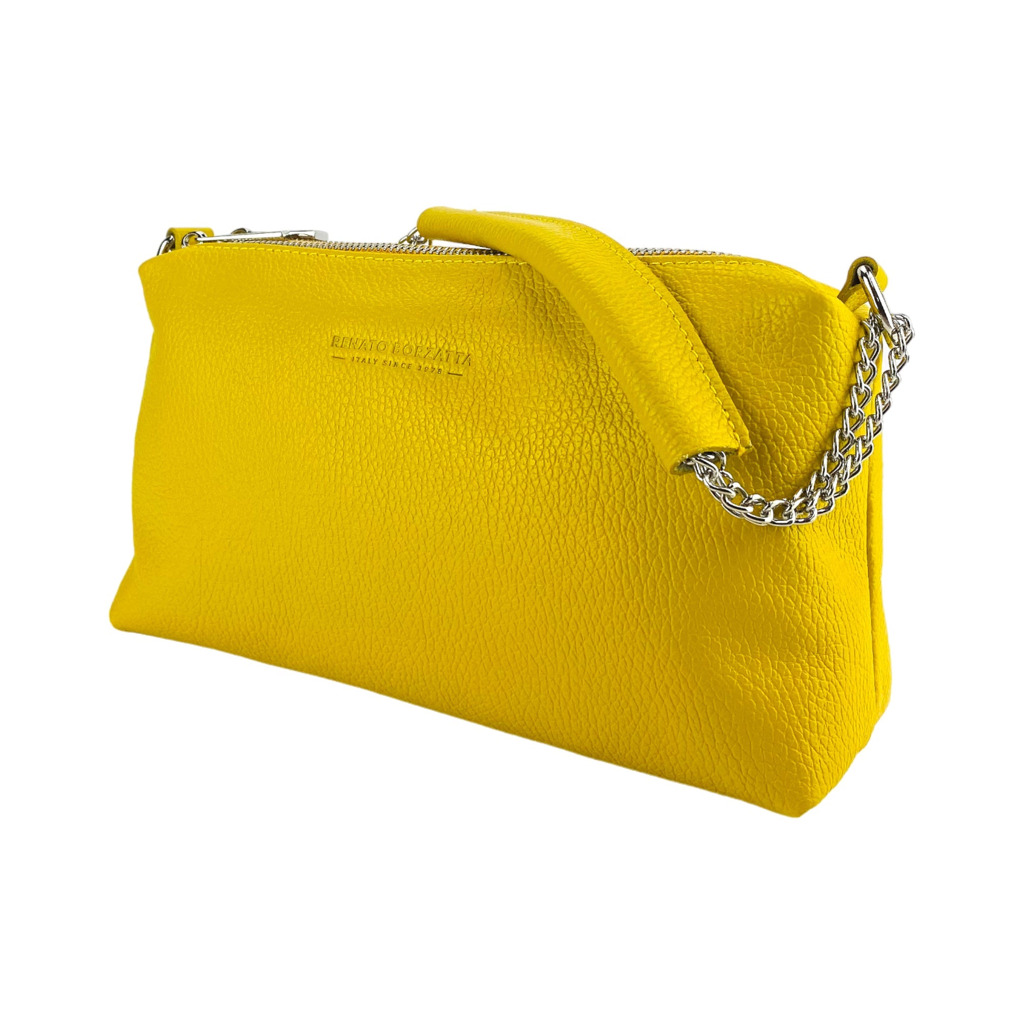RB1025R | Borsa Donna a Mano con doppia lampo in Vera Pelle Made in Italy. Tracolla in pelle regolabile. Accessori Nickel Lucido - Colore Giallo - Dimensioni: cm 26 x 14 x 9-2
