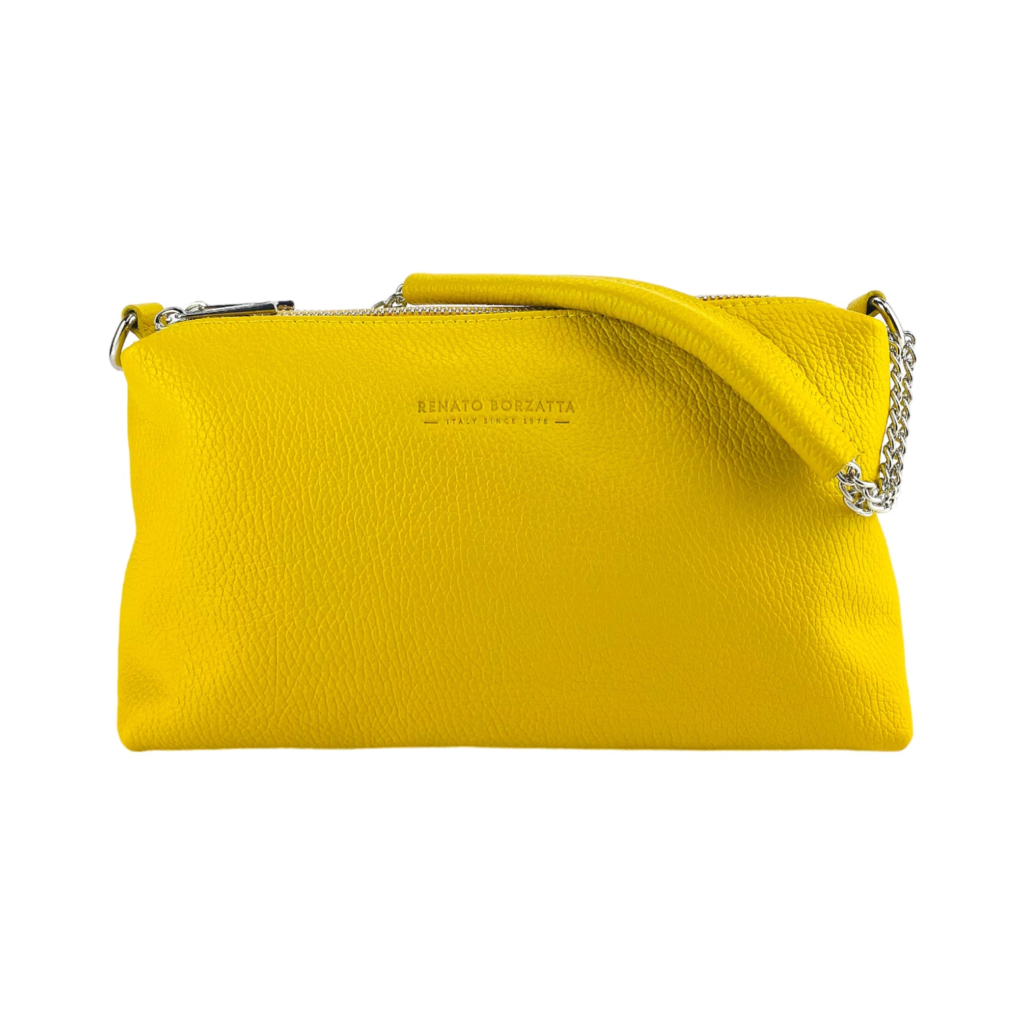 RB1025R | Borsa Donna a Mano con doppia lampo in Vera Pelle Made in Italy. Tracolla in pelle regolabile. Accessori Nickel Lucido - Colore Giallo - Dimensioni: cm 26 x 14 x 9-3