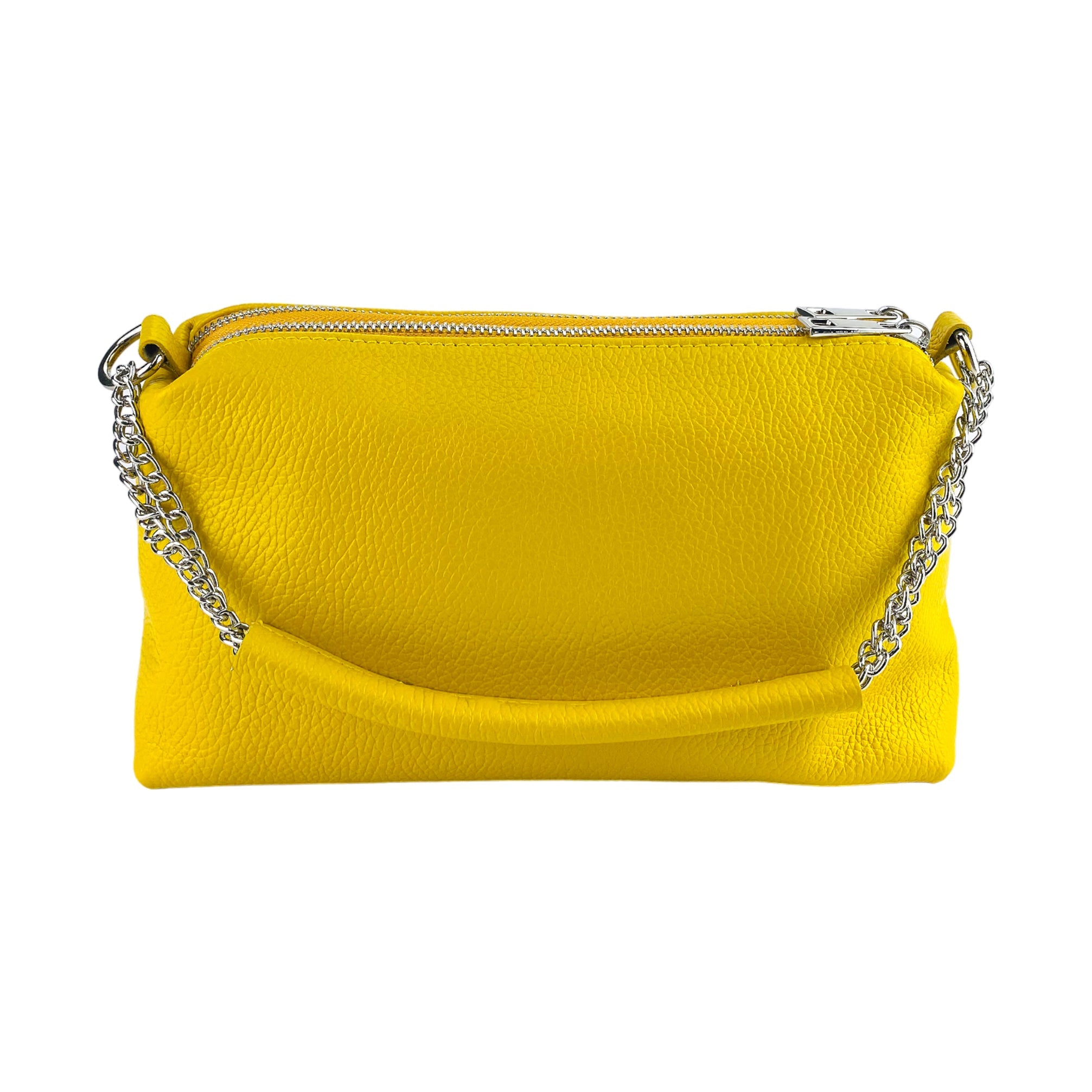 RB1025R | Borsa Donna a Mano con doppia lampo in Vera Pelle Made in Italy. Tracolla in pelle regolabile. Accessori Nickel Lucido - Colore Giallo - Dimensioni: cm 26 x 14 x 9-4