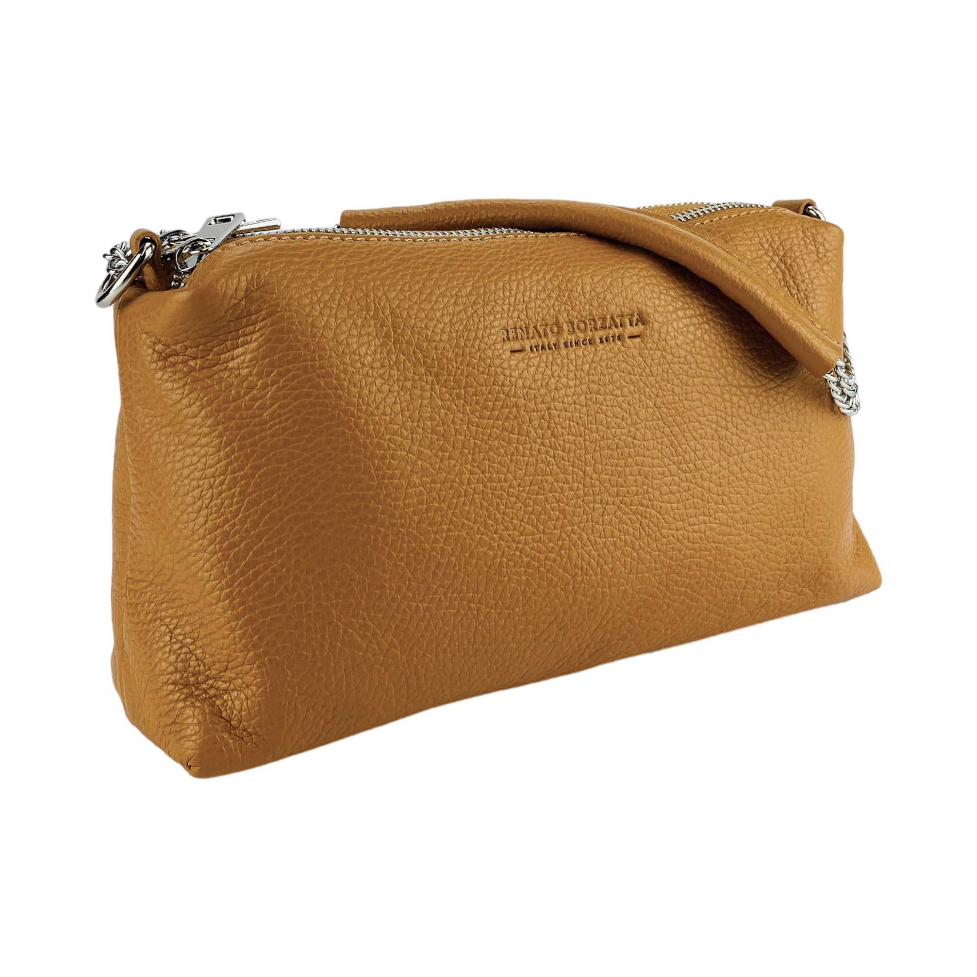 RB1025S | Borsa Donna a Mano con doppia lampo in Vera Pelle Made in Italy. Tracolla in pelle regolabile. Accessori Nickel Lucido - Colore Cognac - Dimensioni: cm 26 x 14 x 9-1