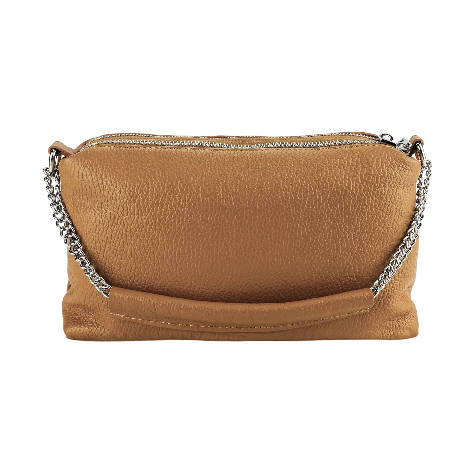 RB1025S | Borsa Donna a Mano con doppia lampo in Vera Pelle Made in Italy. Tracolla in pelle regolabile. Accessori Nickel Lucido - Colore Cognac - Dimensioni: cm 26 x 14 x 9-4