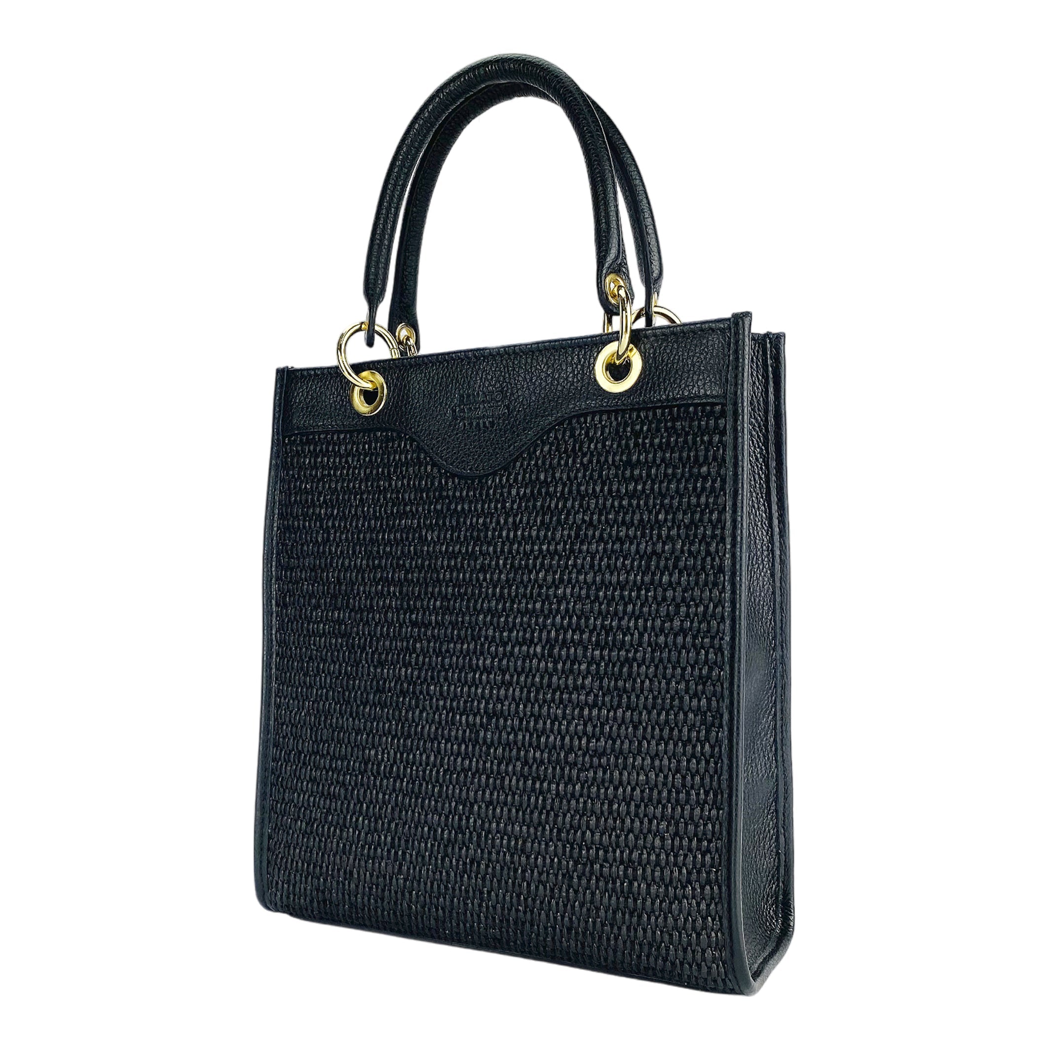 RB1026A | Borsa Donna a mano verticale in Vera Pelle e Paglia Made in Italy. Tracolla removibile e regolabile in pelle. Accessori Oro Lucido - Colore Nero - Dimensioni: cm 24 x 29 x 9-0