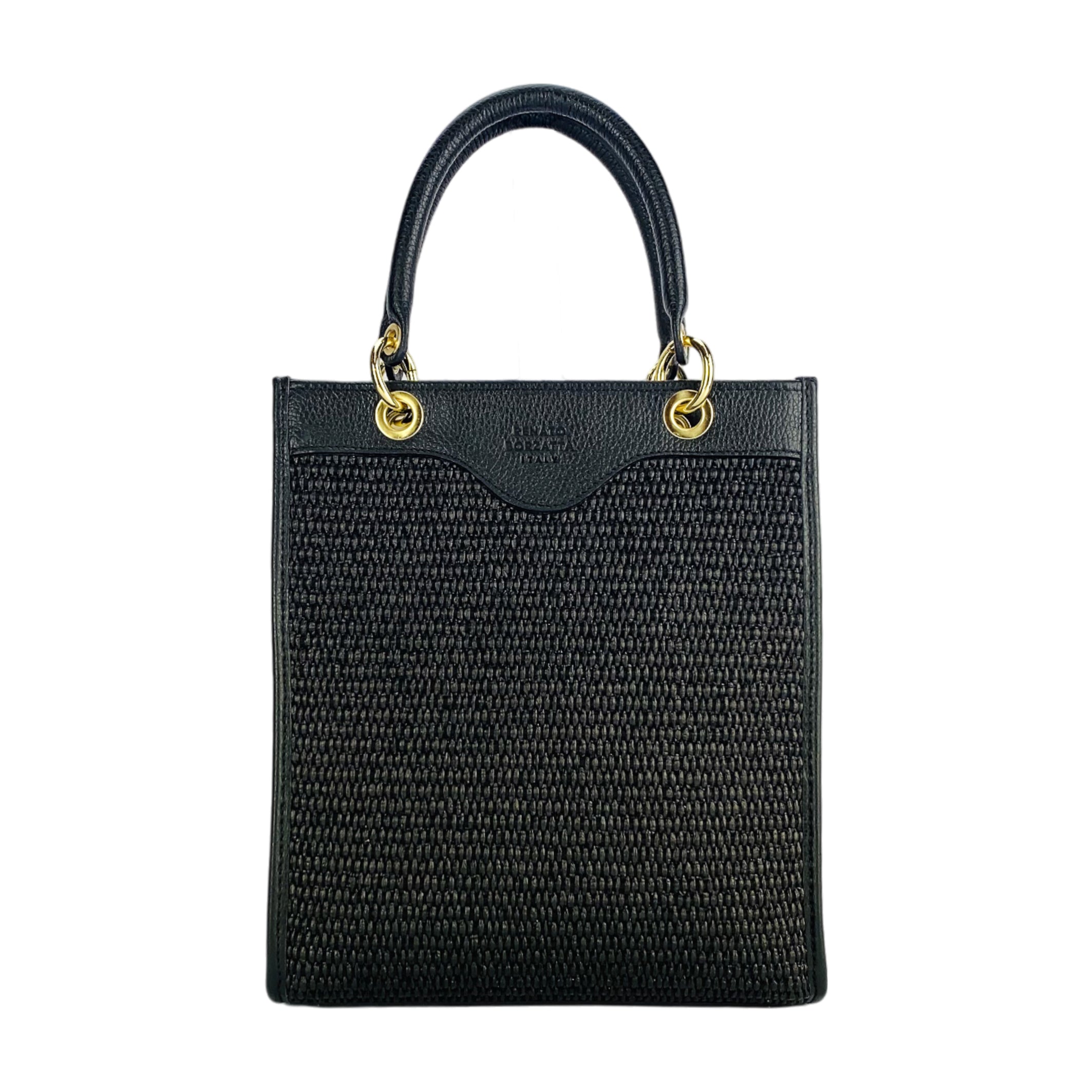 RB1026A | Borsa Donna a mano verticale in Vera Pelle e Paglia Made in Italy. Tracolla removibile e regolabile in pelle. Accessori Oro Lucido - Colore Nero - Dimensioni: cm 24 x 29 x 9-1