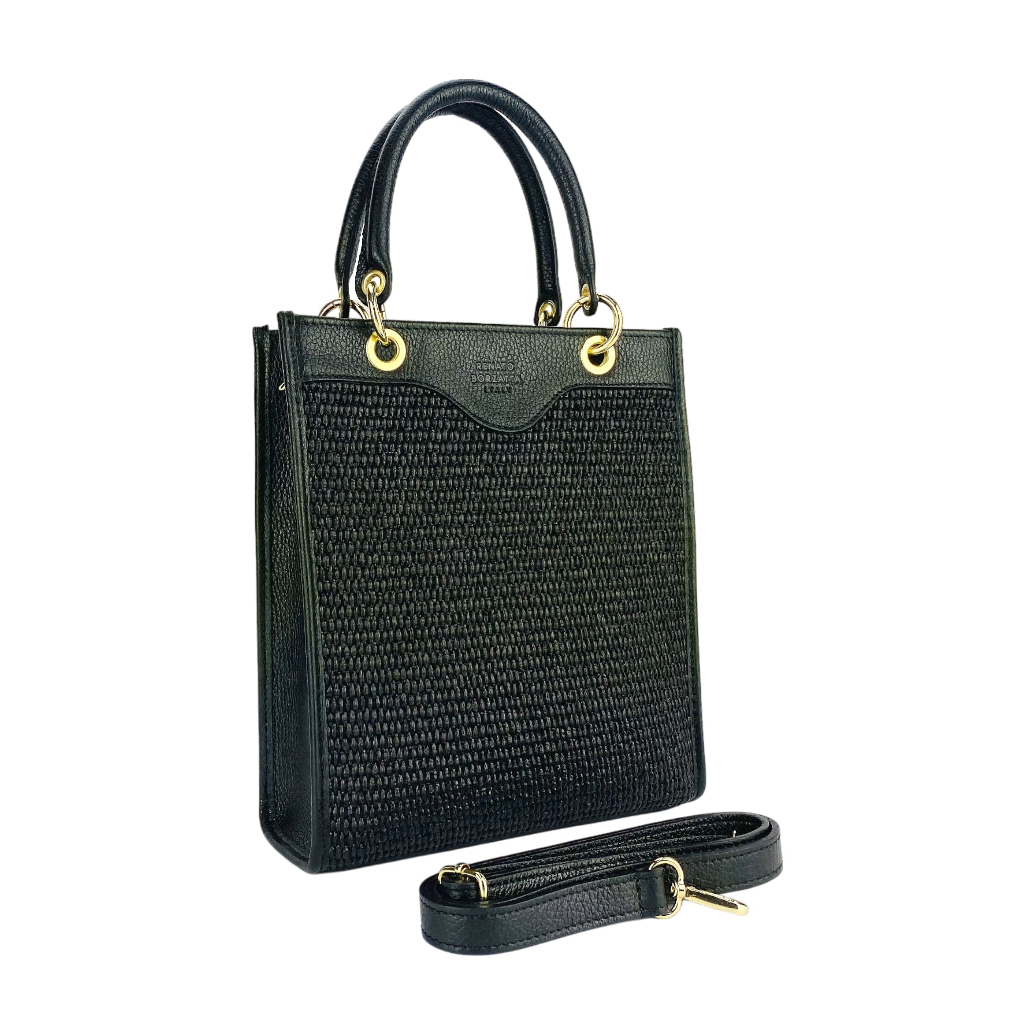 RB1026A | Borsa Donna a mano verticale in Vera Pelle e Paglia Made in Italy. Tracolla removibile e regolabile in pelle. Accessori Oro Lucido - Colore Nero - Dimensioni: cm 24 x 29 x 9-2
