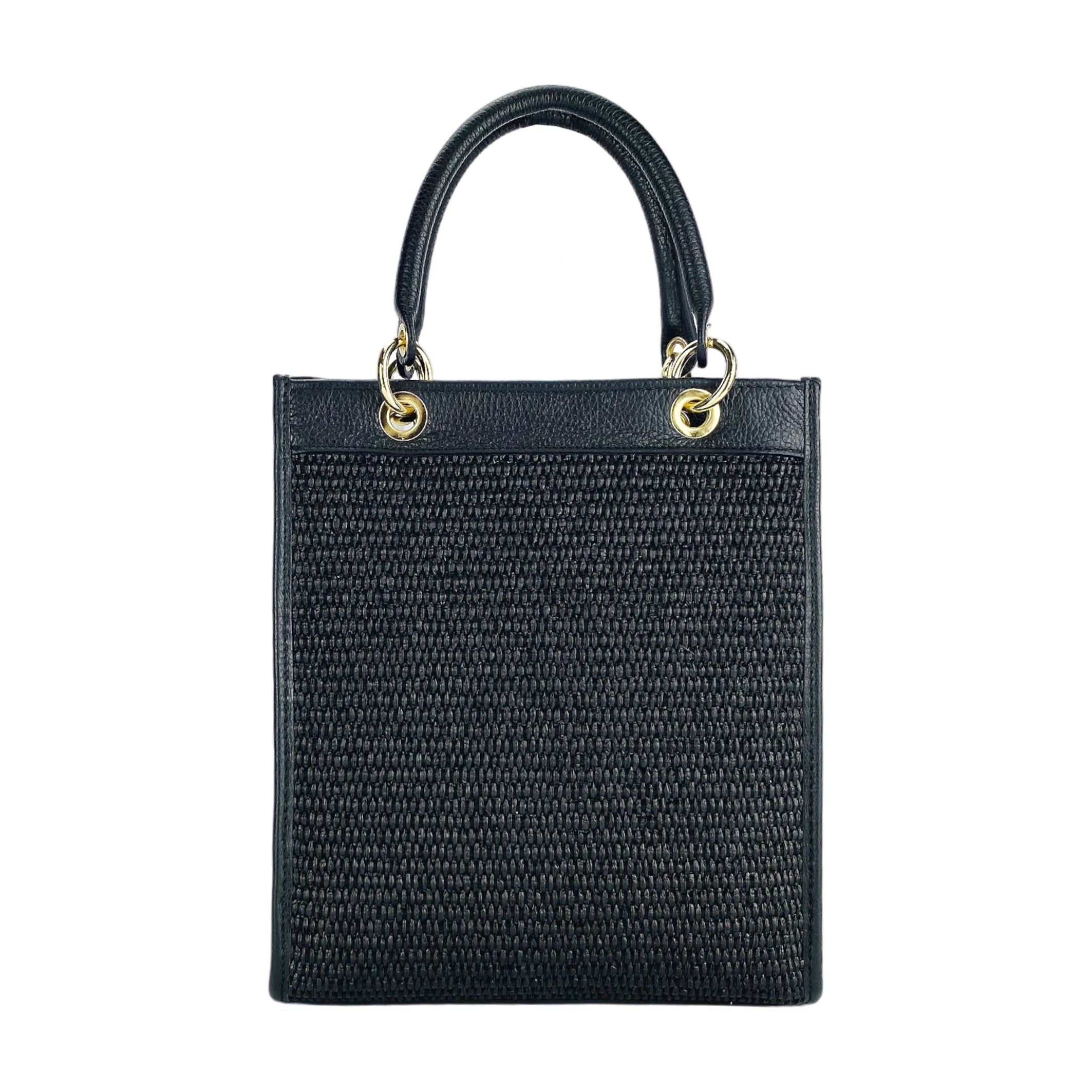 RB1026A | Borsa Donna a mano verticale in Vera Pelle e Paglia Made in Italy. Tracolla removibile e regolabile in pelle. Accessori Oro Lucido - Colore Nero - Dimensioni: cm 24 x 29 x 9-4