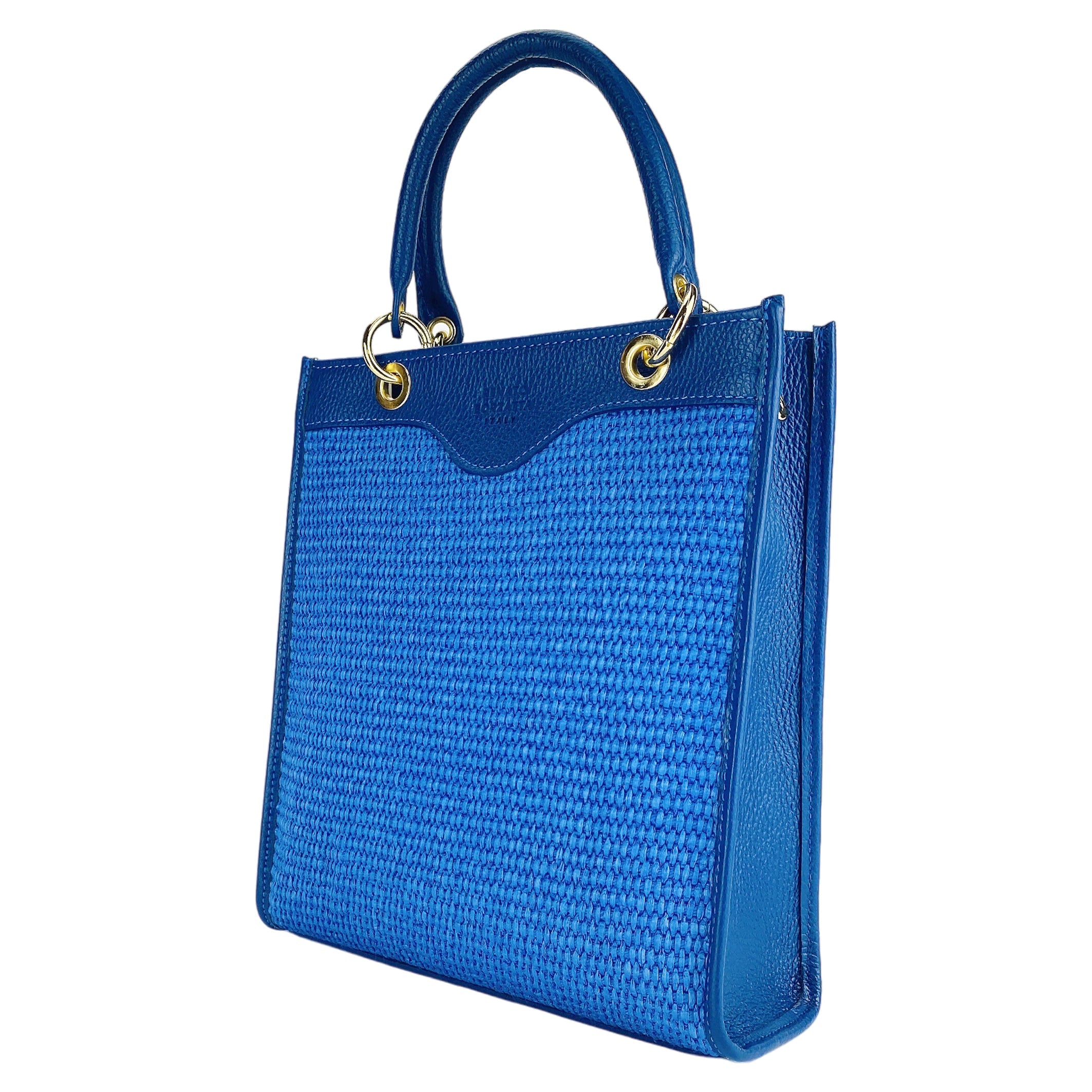 RB1026CH | Borsa Donna a mano verticale in Vera Pelle e Paglia Made in Italy. Tracolla removibile e regolabile in pelle. Accessori Oro Lucido - Colore Blu Royal - Dimensioni: cm 24 x 29 x 9-0