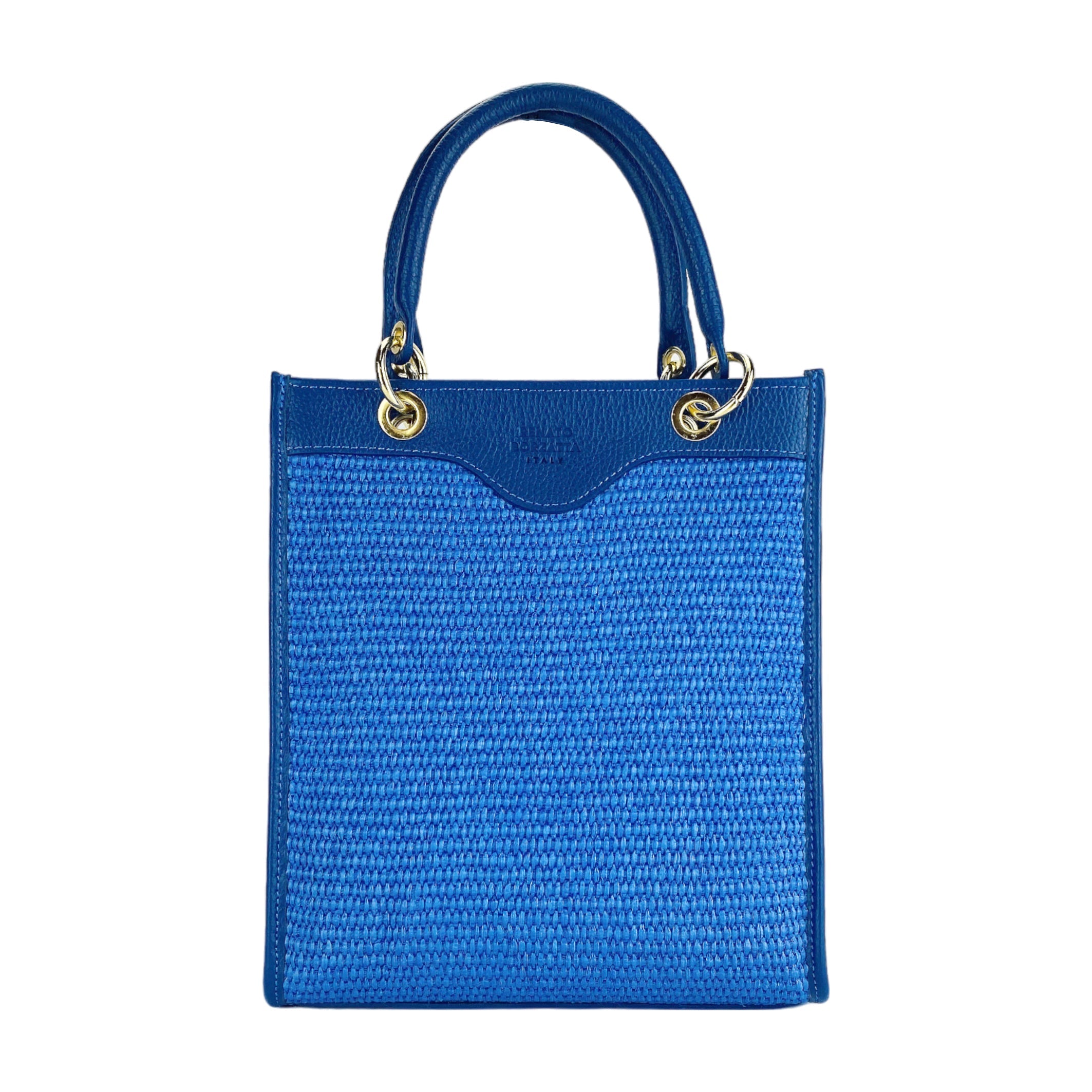 RB1026CH | Borsa Donna a mano verticale in Vera Pelle e Paglia Made in Italy. Tracolla removibile e regolabile in pelle. Accessori Oro Lucido - Colore Blu Royal - Dimensioni: cm 24 x 29 x 9-1