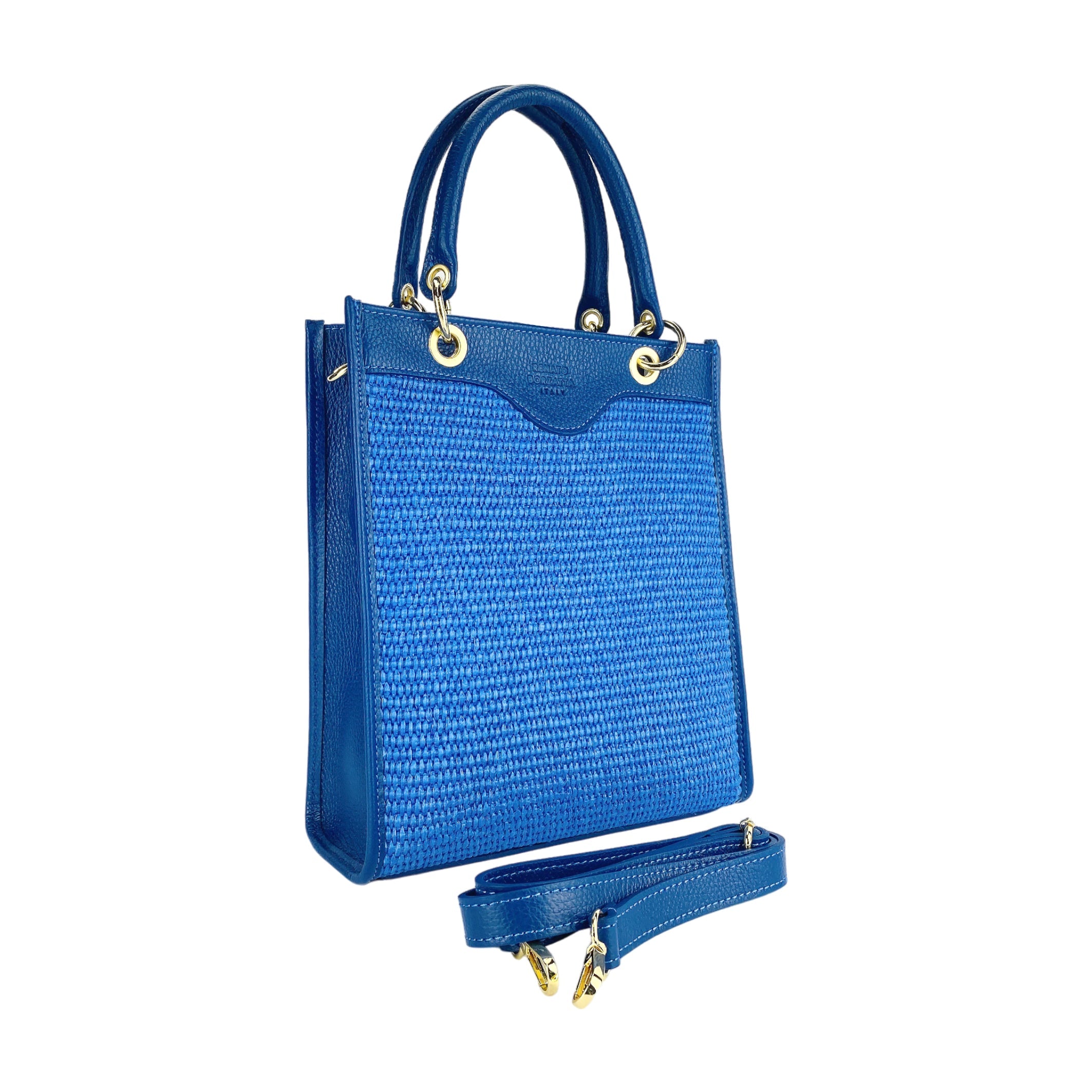RB1026CH | Borsa Donna a mano verticale in Vera Pelle e Paglia Made in Italy. Tracolla removibile e regolabile in pelle. Accessori Oro Lucido - Colore Blu Royal - Dimensioni: cm 24 x 29 x 9-2